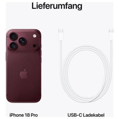 Lieferumfang eines iPhone 18 Pro: das Smartphone in Dunkelrot und ein USB-C-Ladekabel.