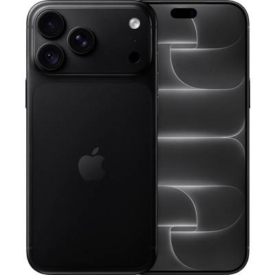 Rückansicht eines schwarzen iPhones mit dreifacher Kameranlage neben dem Vorderbildschirm, der einen dunklen abstrakten Hintergrund zeigt.