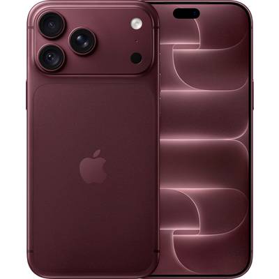 Vorder- und Rückansicht eines burgunderroten iPhones mit dreifacher Rückkamera und einem rosa abstrakten Hintergrundbild auf dem Display.