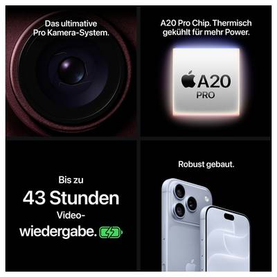 Werbegrafik zum iPhone: Pro-Kamera-System, A20 Pro Chip, bis zu 43 Stunden Videowiedergabe und robustes Design.