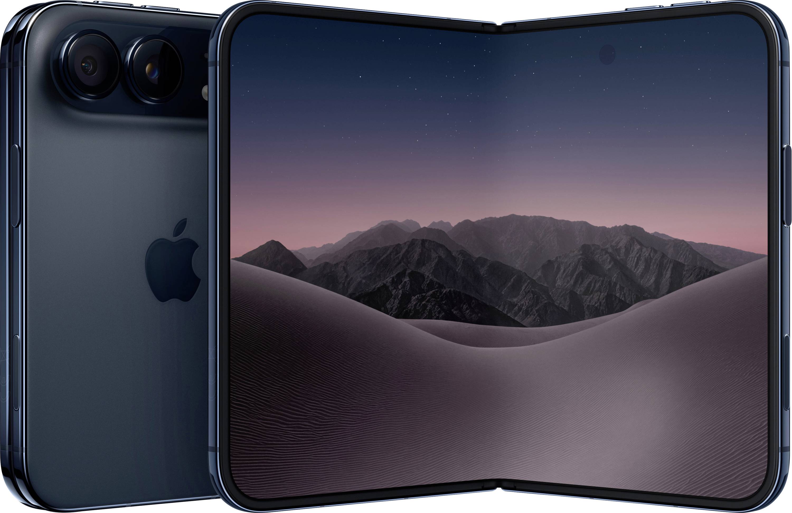 Faltbares Smartphone offen und geschlossen gezeigt, mit großem flexiblem Display, das eine Wüstenlandschafts-Tapete anzeigt, und dualen Rückkameras auf der Rückseite sichtbar.