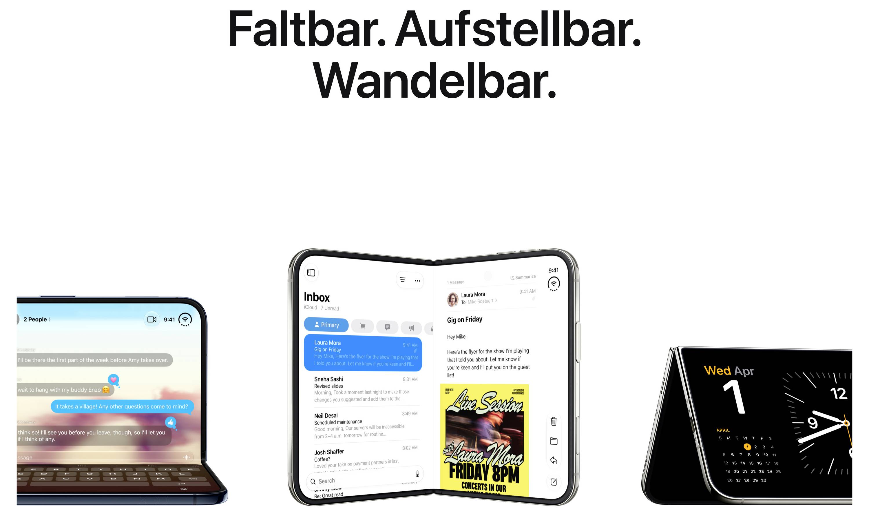 Werbeabbildung eines faltbaren Smartphones: oben der Text 'Faltbar. Aufstellbar. Wandelbar.'; gezeigt sind mehrere Nutzungsarten, darunter Laptop-Modus, aufgeklapptes Display und Kalenderansicht.
