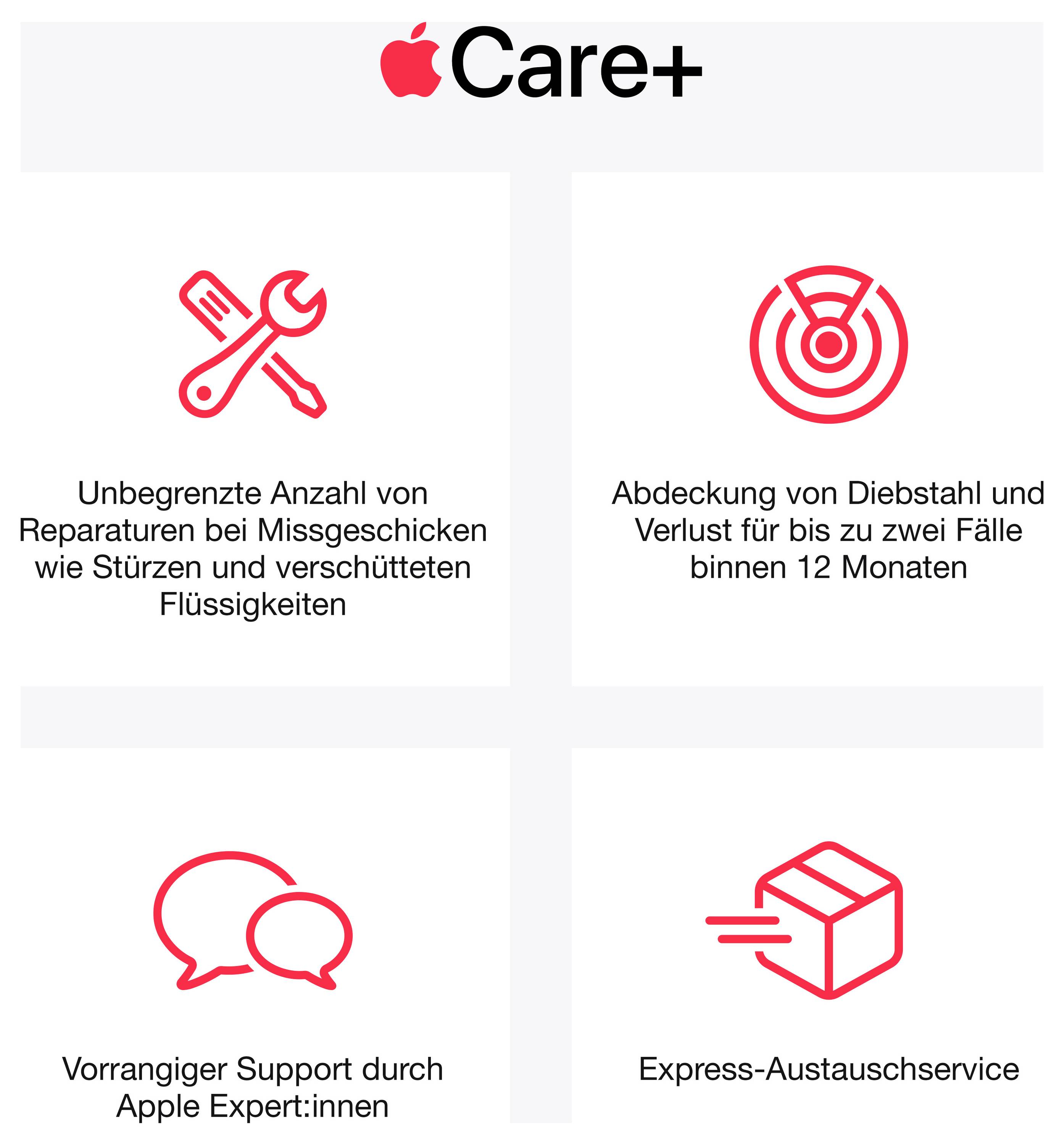 Übersicht zu AppleCare+: unbegrenzte Reparaturen bei Unfallschäden, Diebstahl- und Verlustschutz bis zu zwei Fällen in 12 Monaten, vorrangiger Support und Express-Austauschservice.
