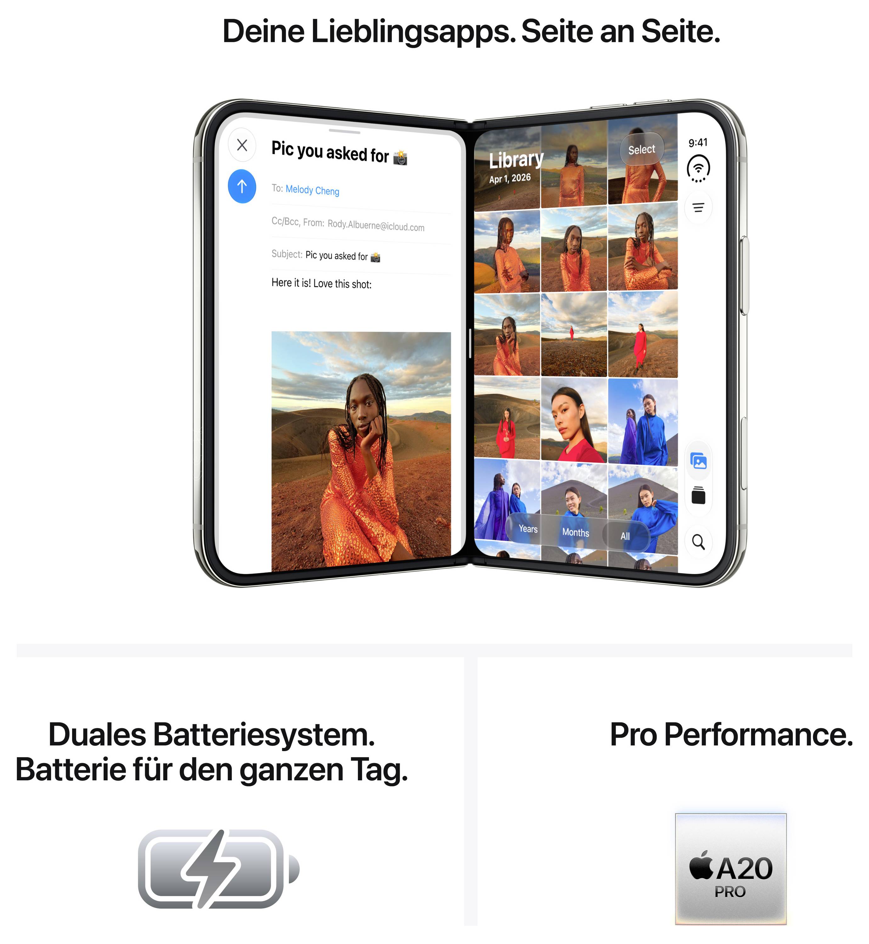 Werbeanzeige für ein faltbares Smartphone mit zwei Displays; zeigt App-Nutzung, Fotogalerie sowie die Texte 'Deine Lieblingsapps. Seite an Seite.', 'Duales Batteriesystem. Batterie für den ganzen Tag.' und 'Pro Performance.'