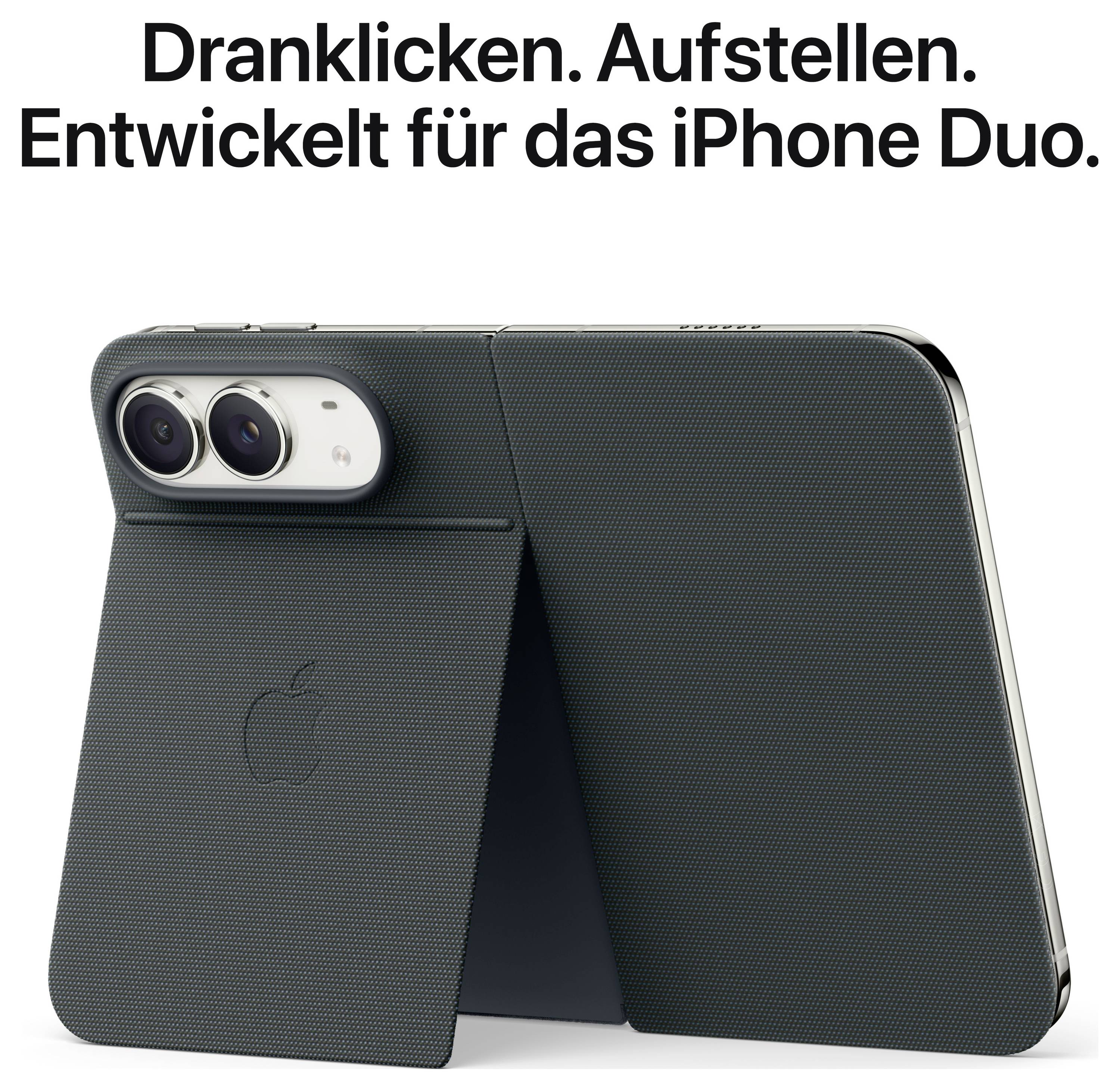 iPhone Duo im Aufsteller-Design mit zwei Kameras; Text: 'Dranklicken. Aufstellen. Entwickelt für das iPhone Duo.'<br>