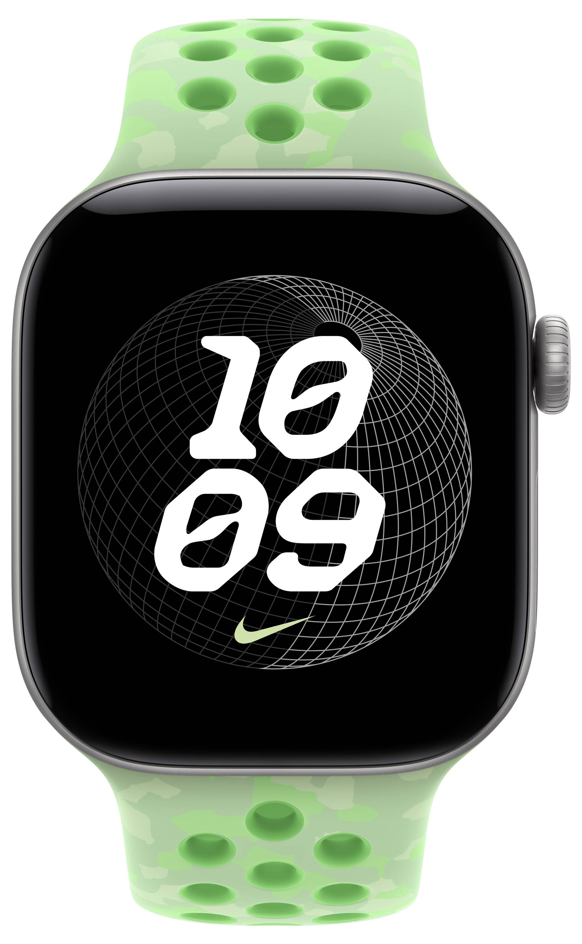 Apple Watch mit grünem Sportarmband, schwarzem Zifferblatt, weißer Zeitanzeige „10:09" und kleinem Nike-Swoosh.