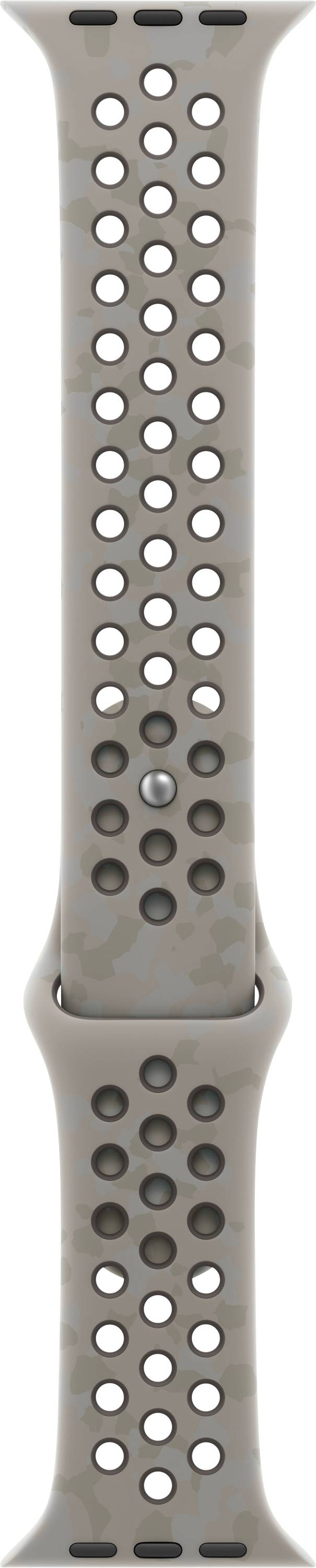 Nahaufnahme eines silbernen Metallbands für eine Smartwatch mit Reihen von kreisförmigen Perforationen und einer Magnetschließe.