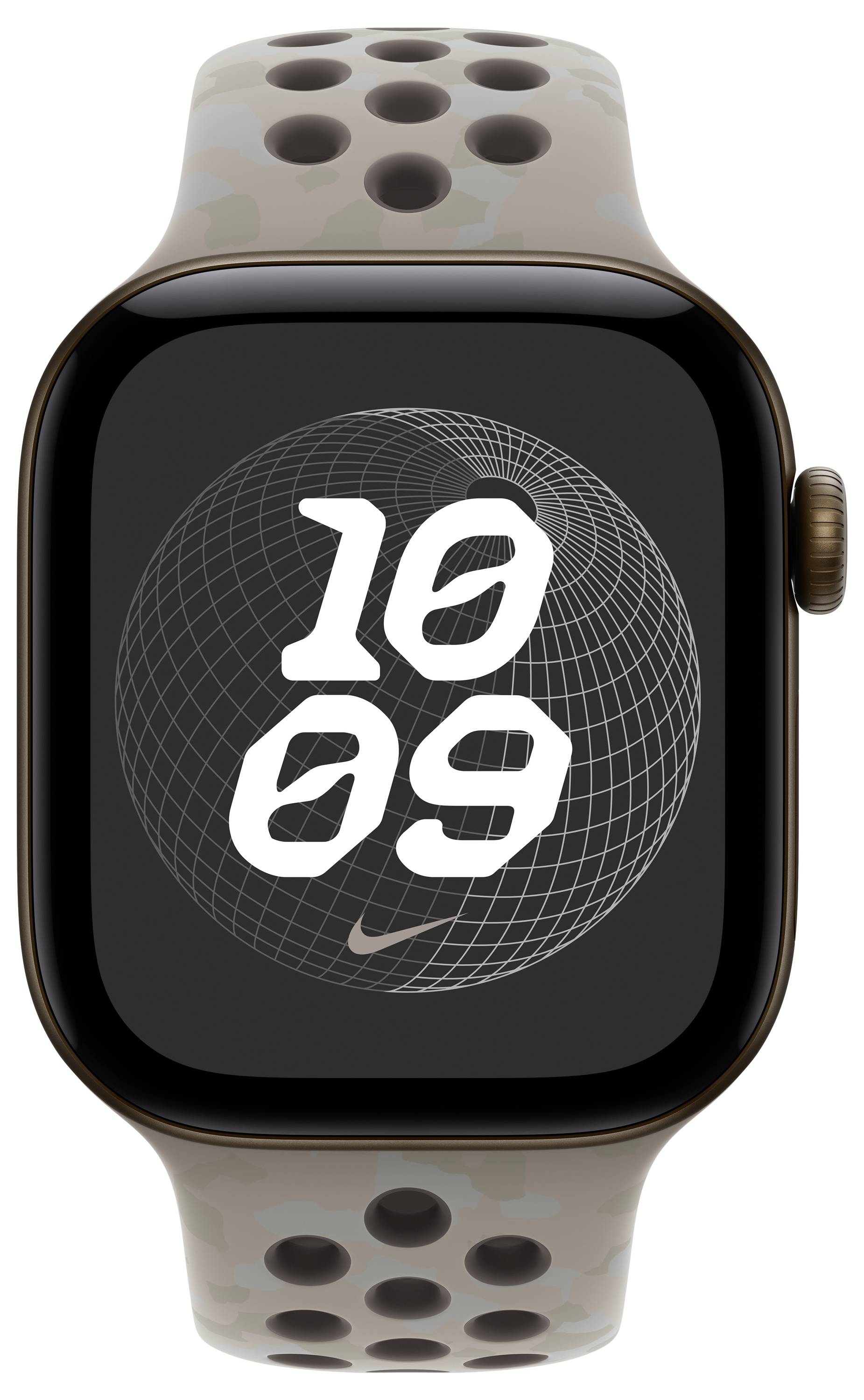 Apple Watch mit beigefarbenem perforierten Sportarmband, das ein schwarzes Zifferblatt mit großen weißen Ziffern „10 09" und einem kleinen Nike-Logo zeigt