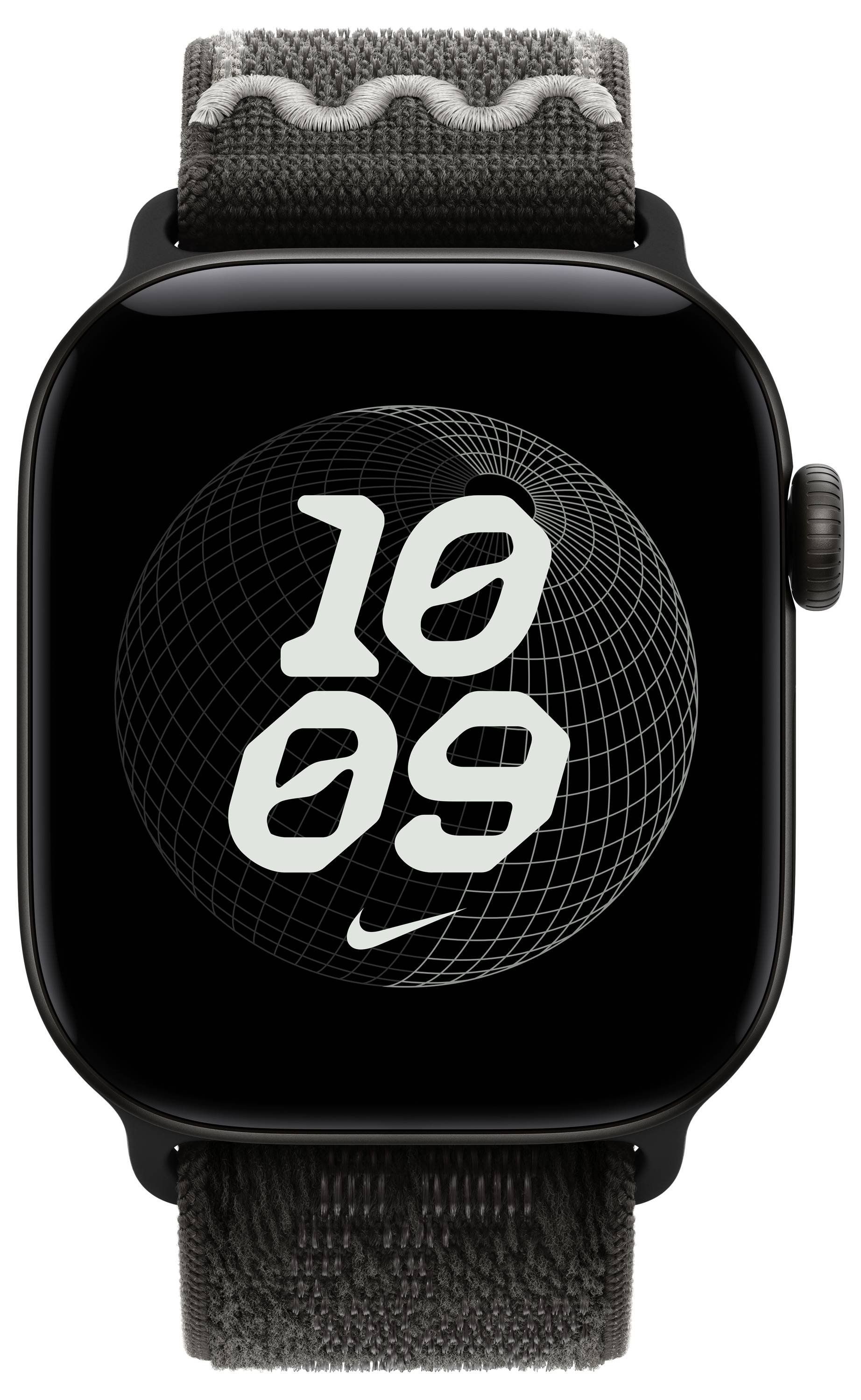 Schwarze Apple Watch mit grauem Gewebeband, die ein Nike-Stil-Zifferblatt mit großen weißen "10 09" über einer Drahtgitter-Kugel und Nike-Swoosh anzeigt.
