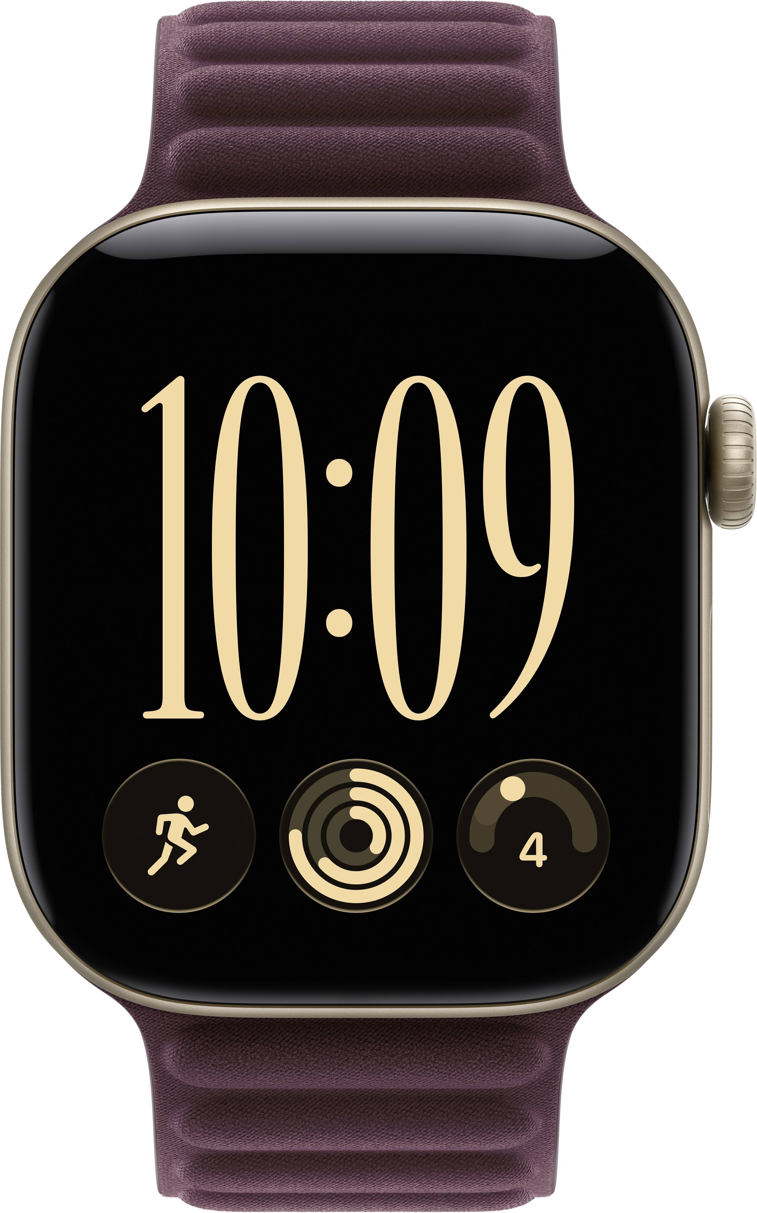 Nahaufnahme einer goldenen Apple Watch mit einem Pflaumenband, das 10:09 anzeigt und drei Aktivitätsringe/Symbole auf dem Display.