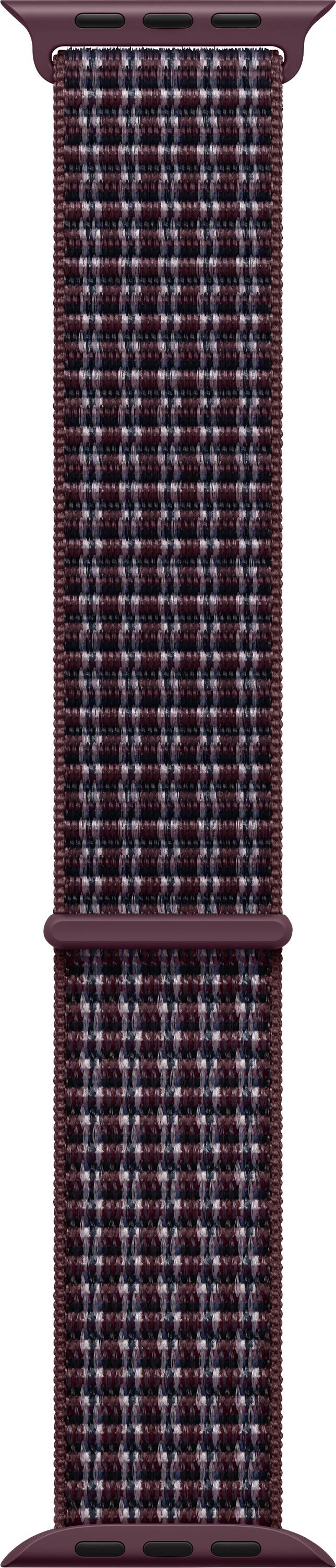 Bordeauxfarbenes Uhrenarmband mit einem rot, schwarz und weißen karierten Webband und passenden Schnallenschlaufen.
