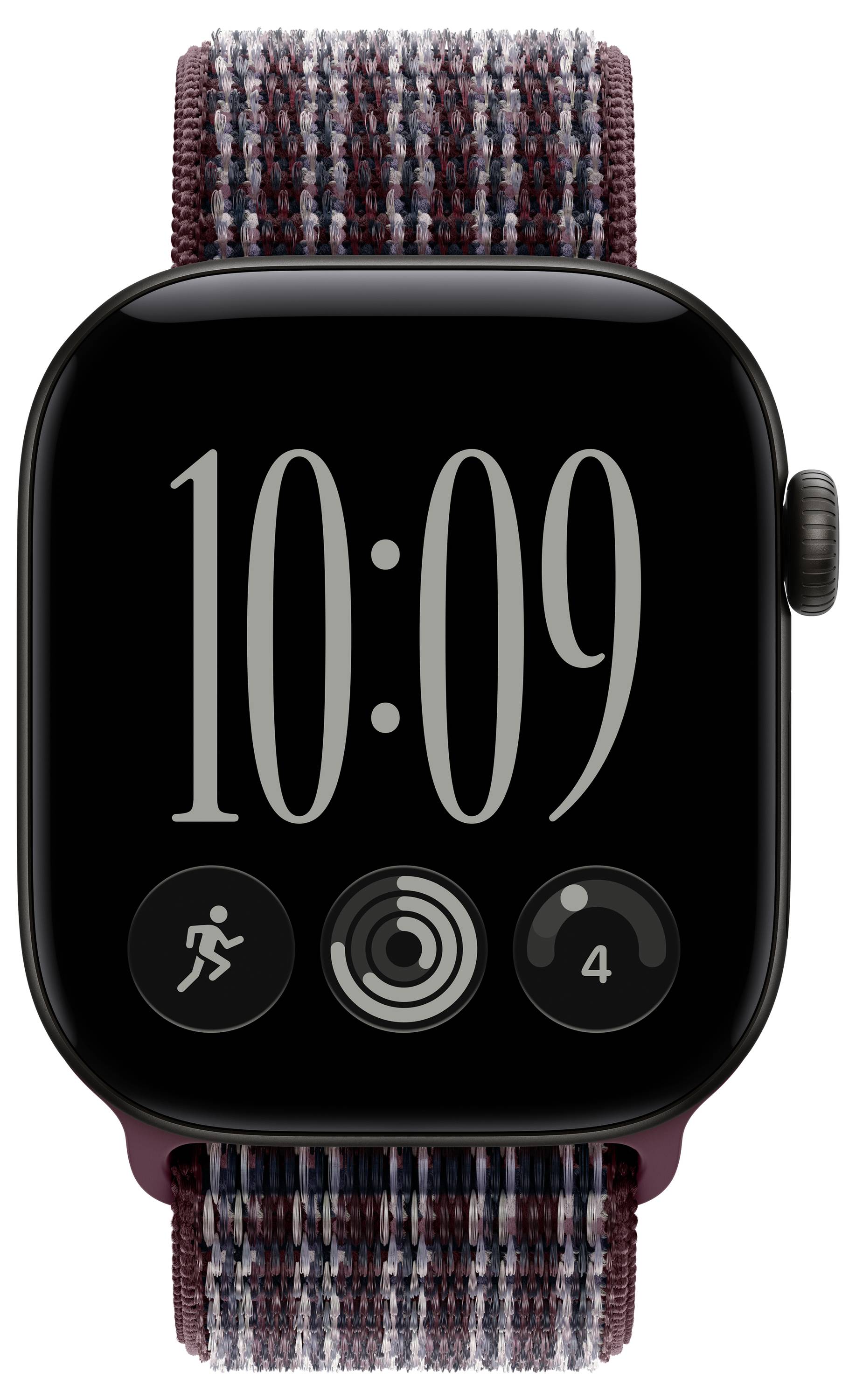 Apple Watch mit einem karierten Webband, das 10:09 auf dem Display anzeigt und drei Aktivitäts-Stil-Symbole am unteren Rand.