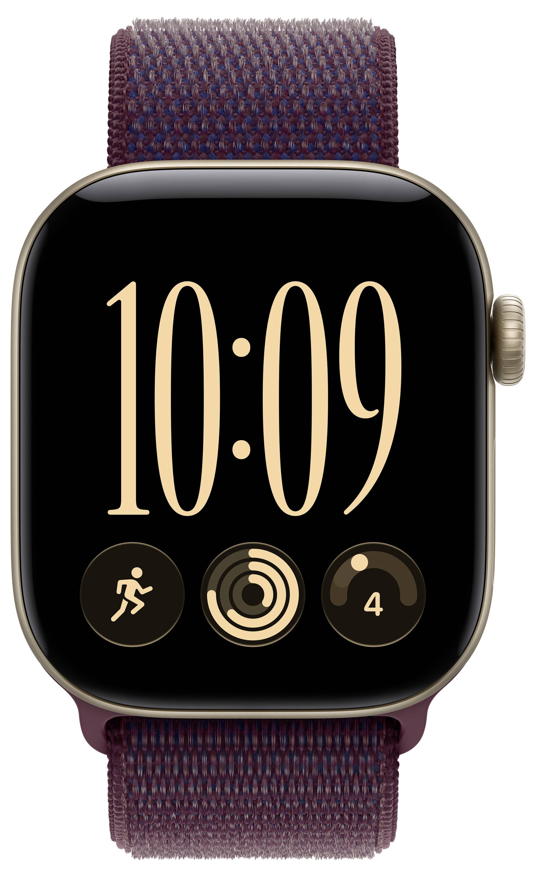 Apple Watch mit einem violetten Gewebteband, das die Uhrzeit 10:09 anzeigt und drei Activity-Ring-Symbole, eines mit der Bezeichnung 4.