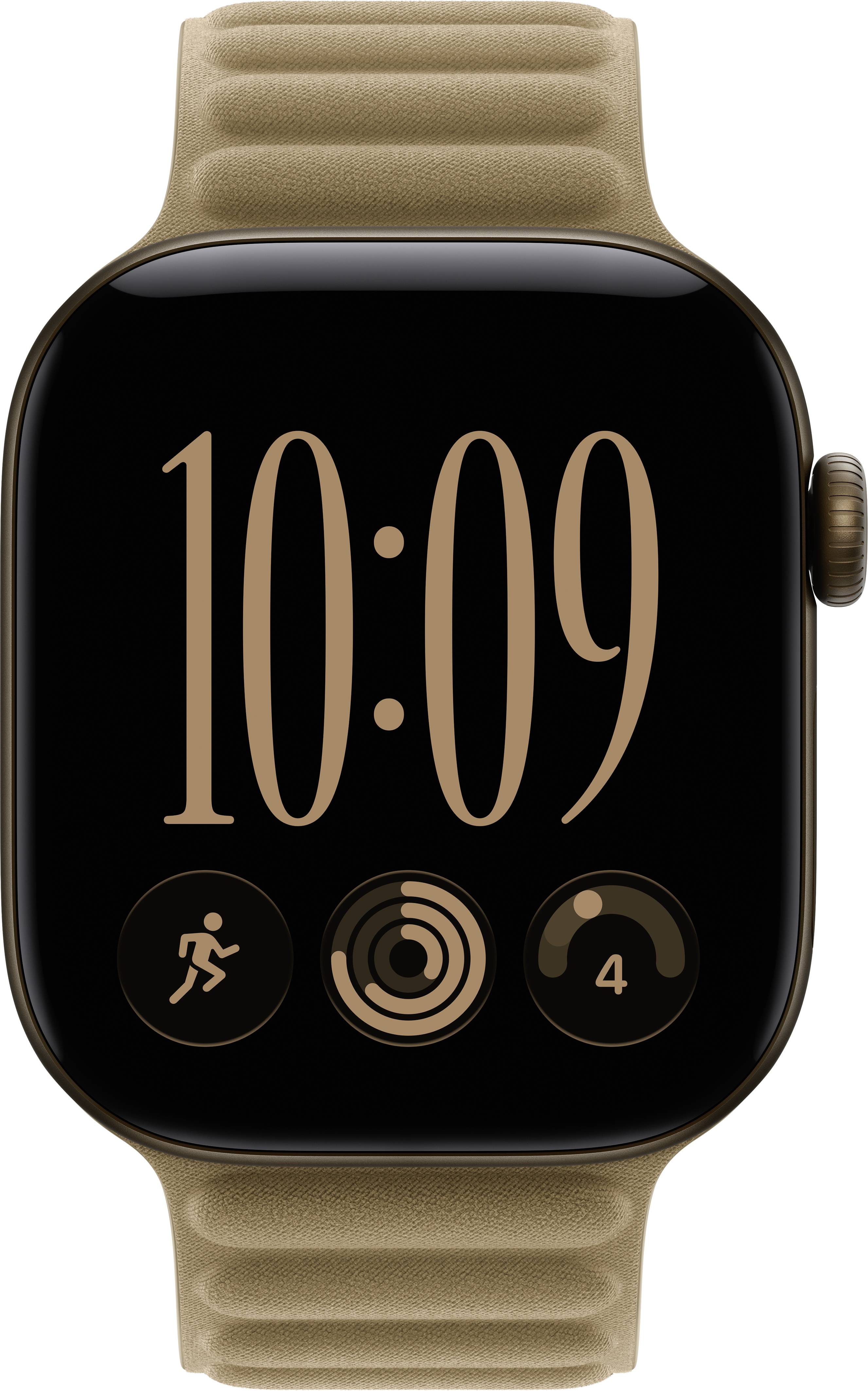 Gold Apple Watch mit schwarzem Bildschirm, auf dem 10:09 Uhr angezeigt wird und drei kreisförmige Fitness-ähnliche Symbole unter der Uhrzeit
