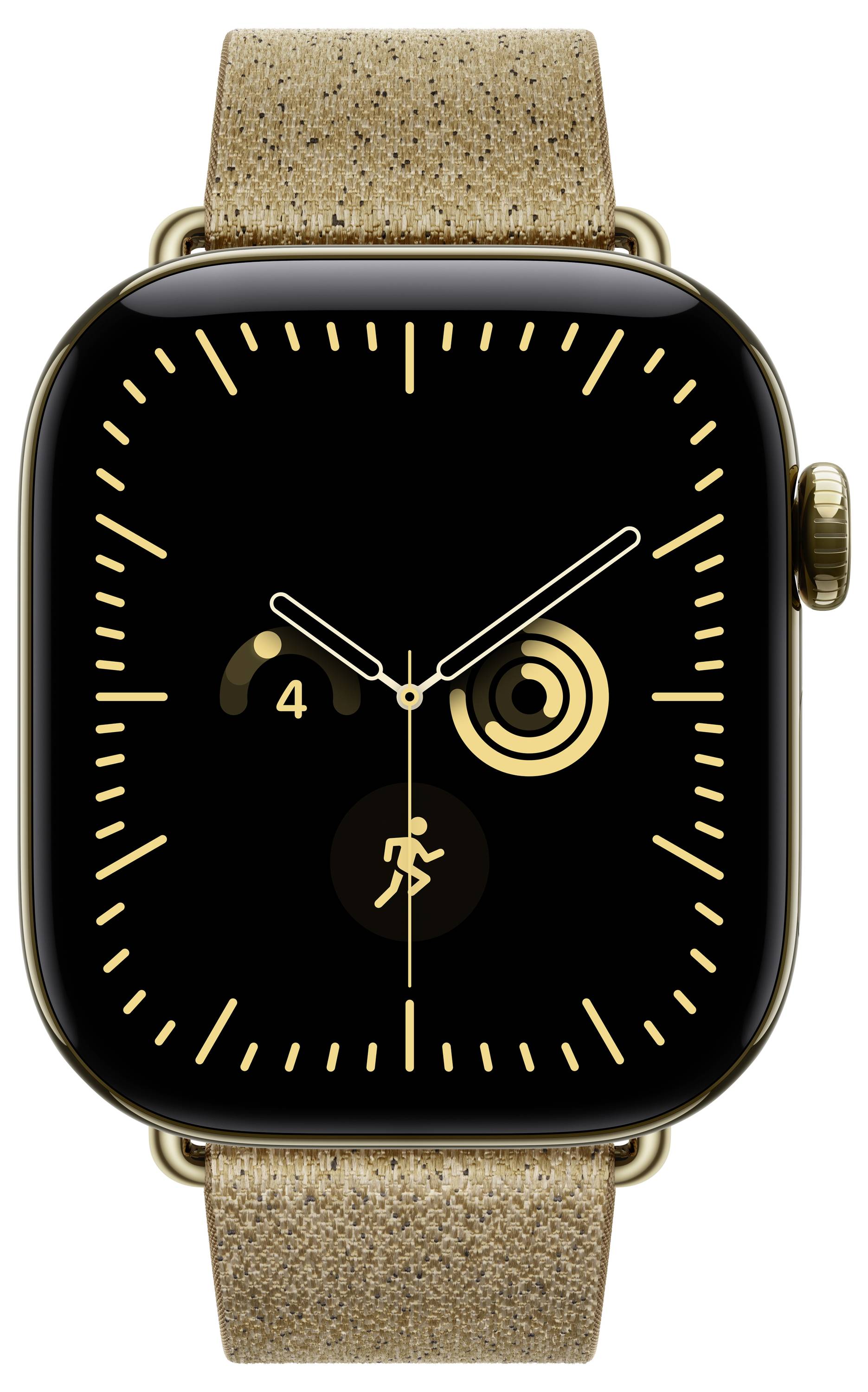 Gold Apple Watch mit schwarzem analogem Zifferblatt, braunem Band und Komplikationen für Aktivitätsringe mit einer 4 und einem Laufsymbol