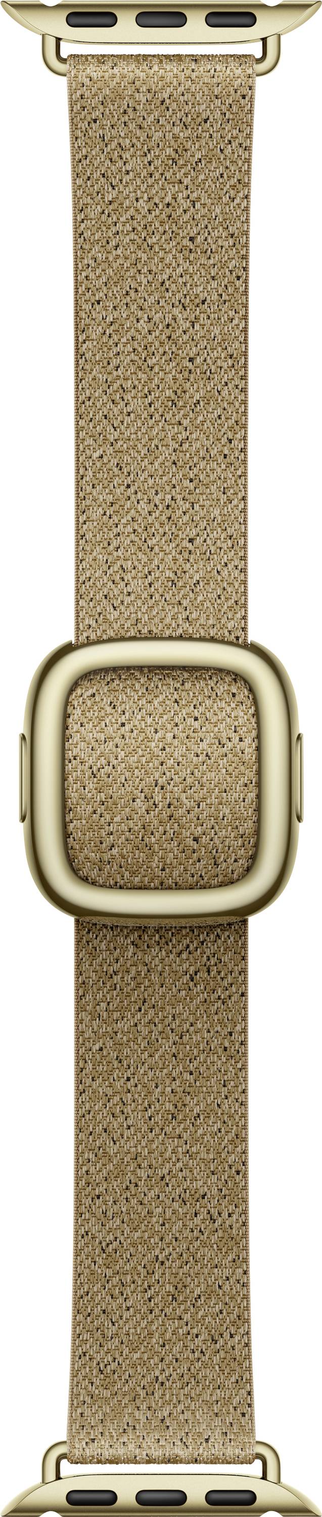 Beiges gewebtes Uhrenarmband mit goldenem Schnallenverschluss und Spangenbeschlägen auf weißem Hintergrund.