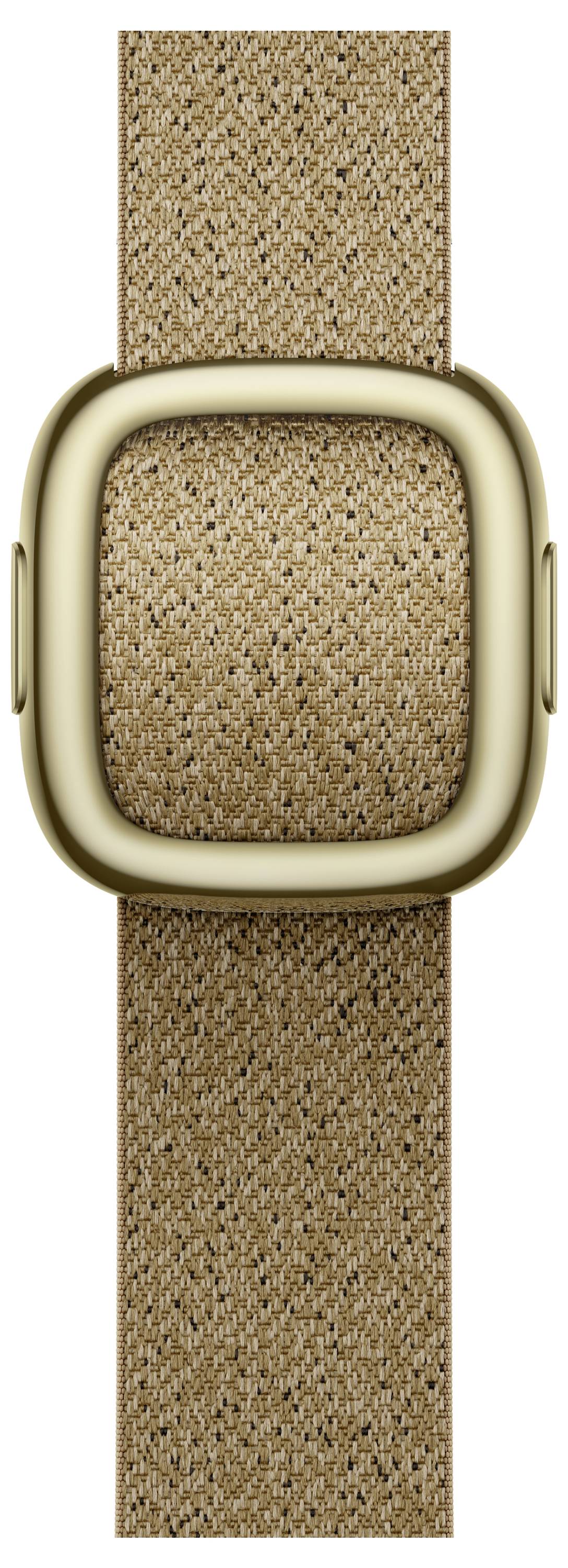 Quadratisches Smartwatch-Gehäuse in Gold auf einem beigen gewebten Stoffarmband, Vorderansicht auf weißem Hintergrund.