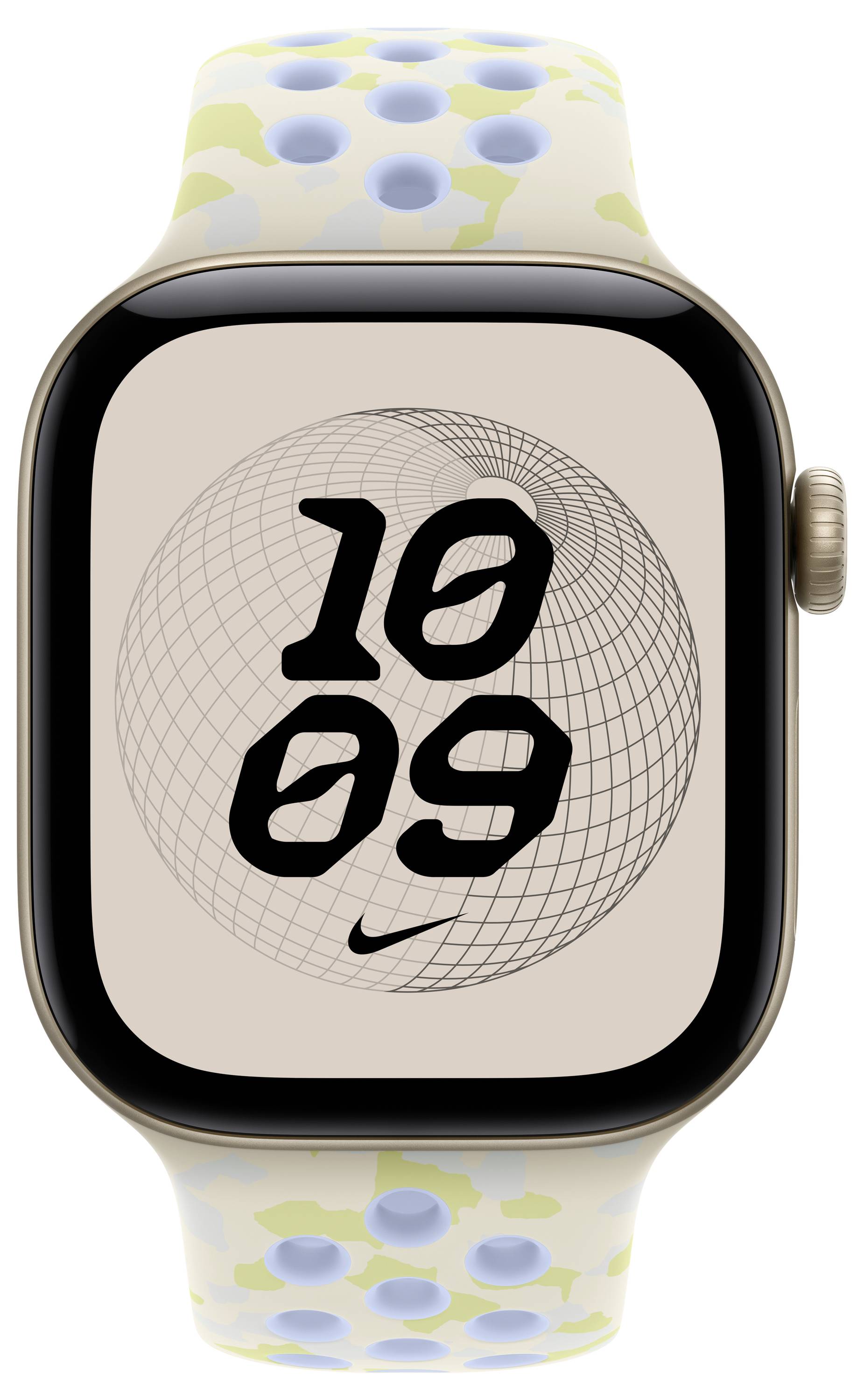 Eine Smartwatch mit beigefarbenem Zifferblatt, das die Zeit 10:09 anzeigt, einen Wireframe-Kugelhintergrund und ein weiß gemustertes Armband.