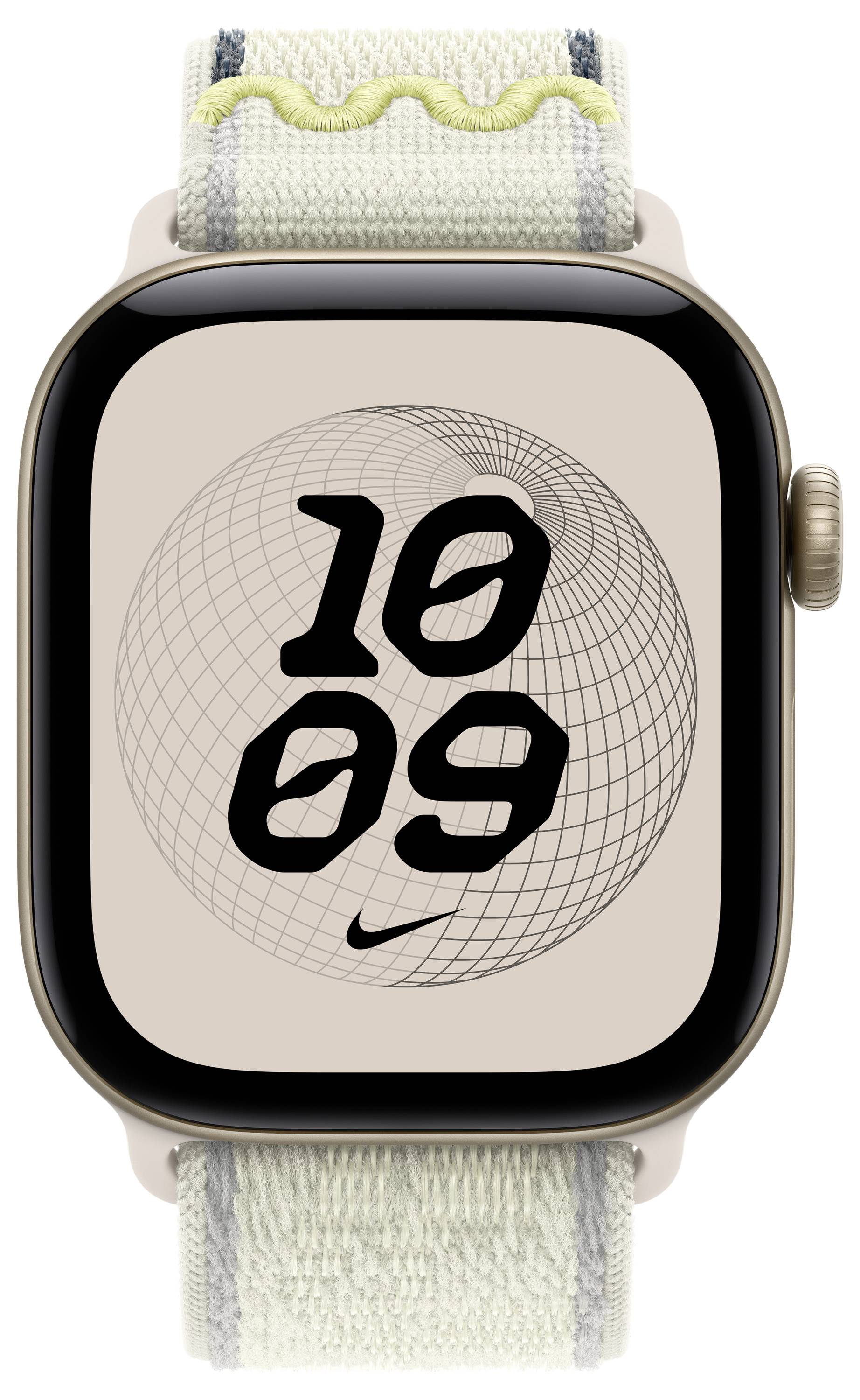 Apple Watch mit beigefarbenem Gehäuse und cremefarbenem Gewebeearmband, das ein Nike-inspiriertes digitales Zifferblatt mit fetten schwarzen Ziffern über einem Drahtgitter-Globus-Design zeigt.