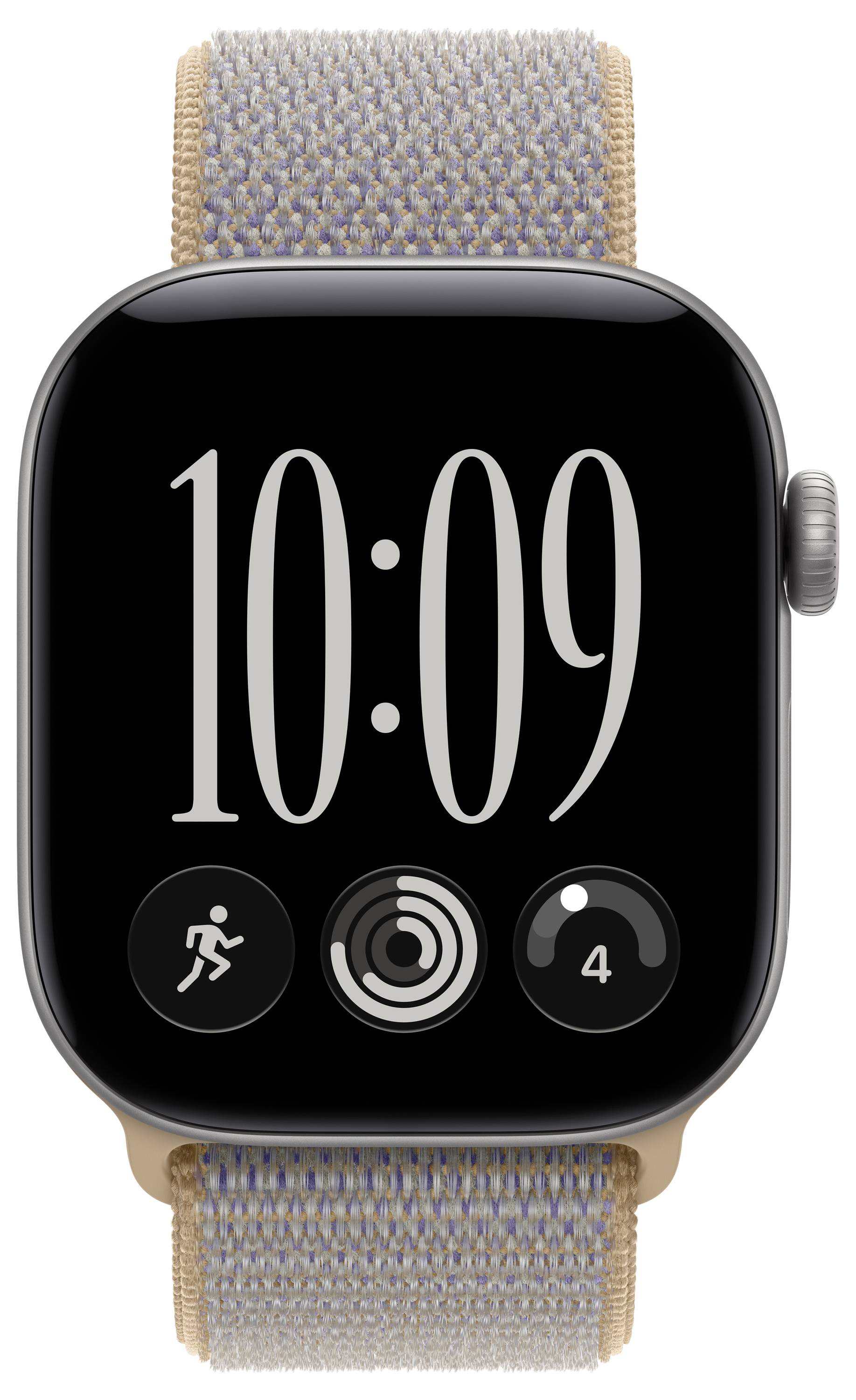 Apple Watch, die 10:09 anzeigt, mit einem beigen gewebten Armband und drei Aktivitäts-Komplikationssymbolen auf einem schwarzen Bildschirm.