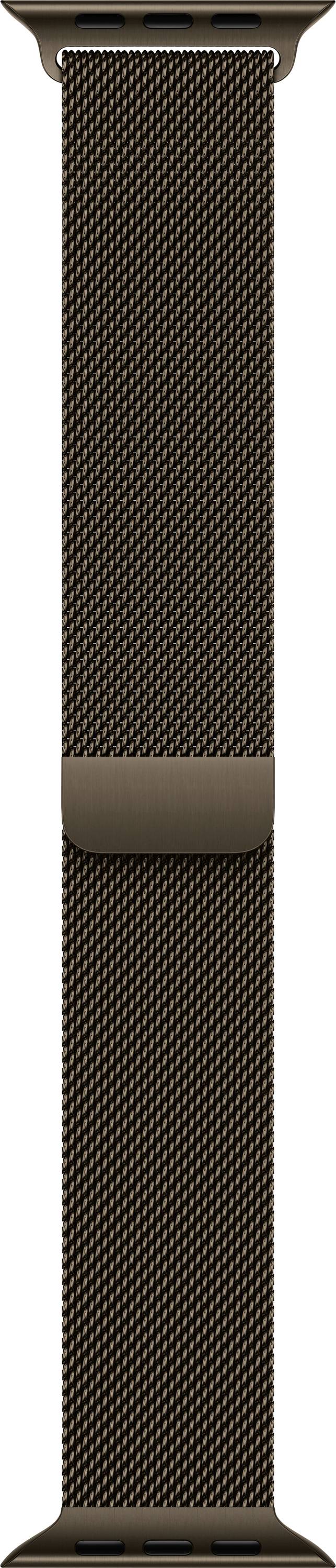 Braun gewebtes Smartwatch-Armband mit beigen Anschlüssen, vertikal auf weißem Hintergrund angezeigt.