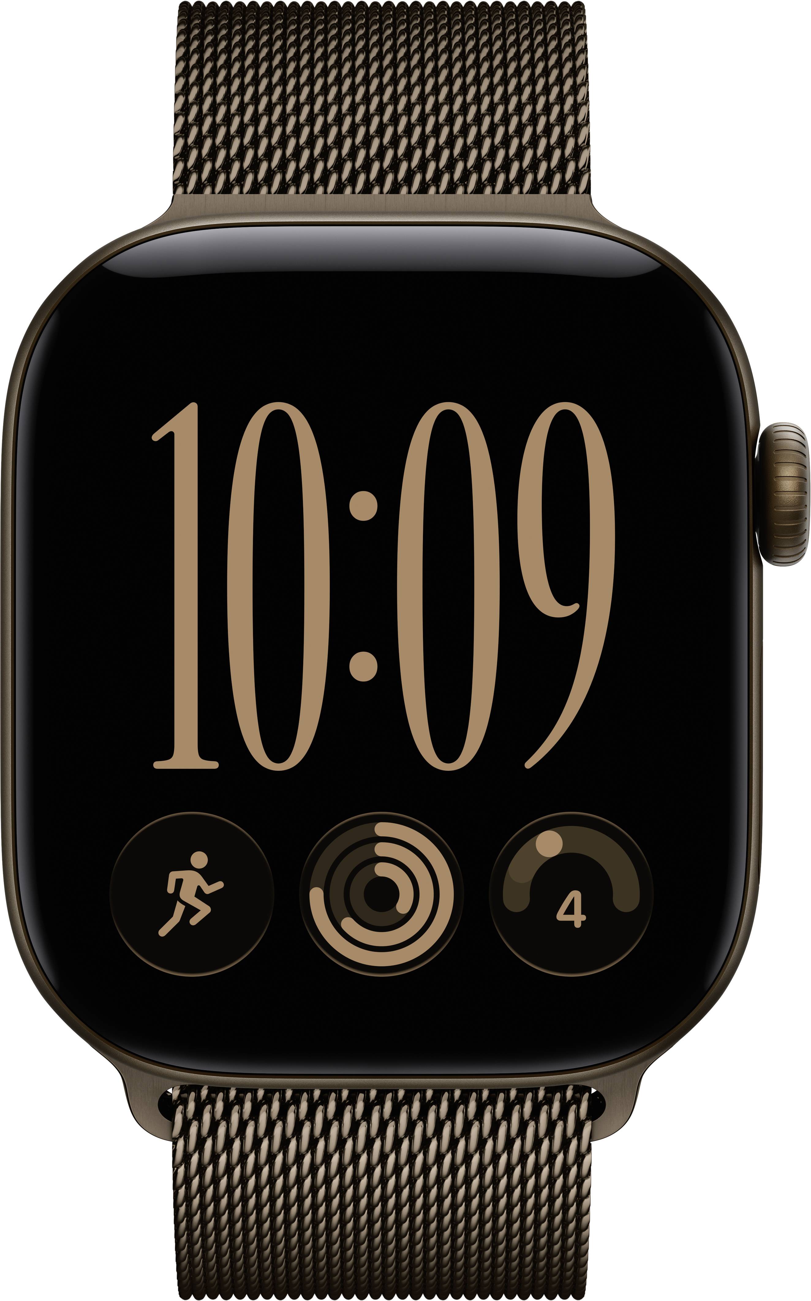 Apple Watch mit einem braunen Gewebteband, das 10:09 anzeigt, mit drei kreisförmigen Icons im Aktivitätsstil unterhalb der Uhrzeit.