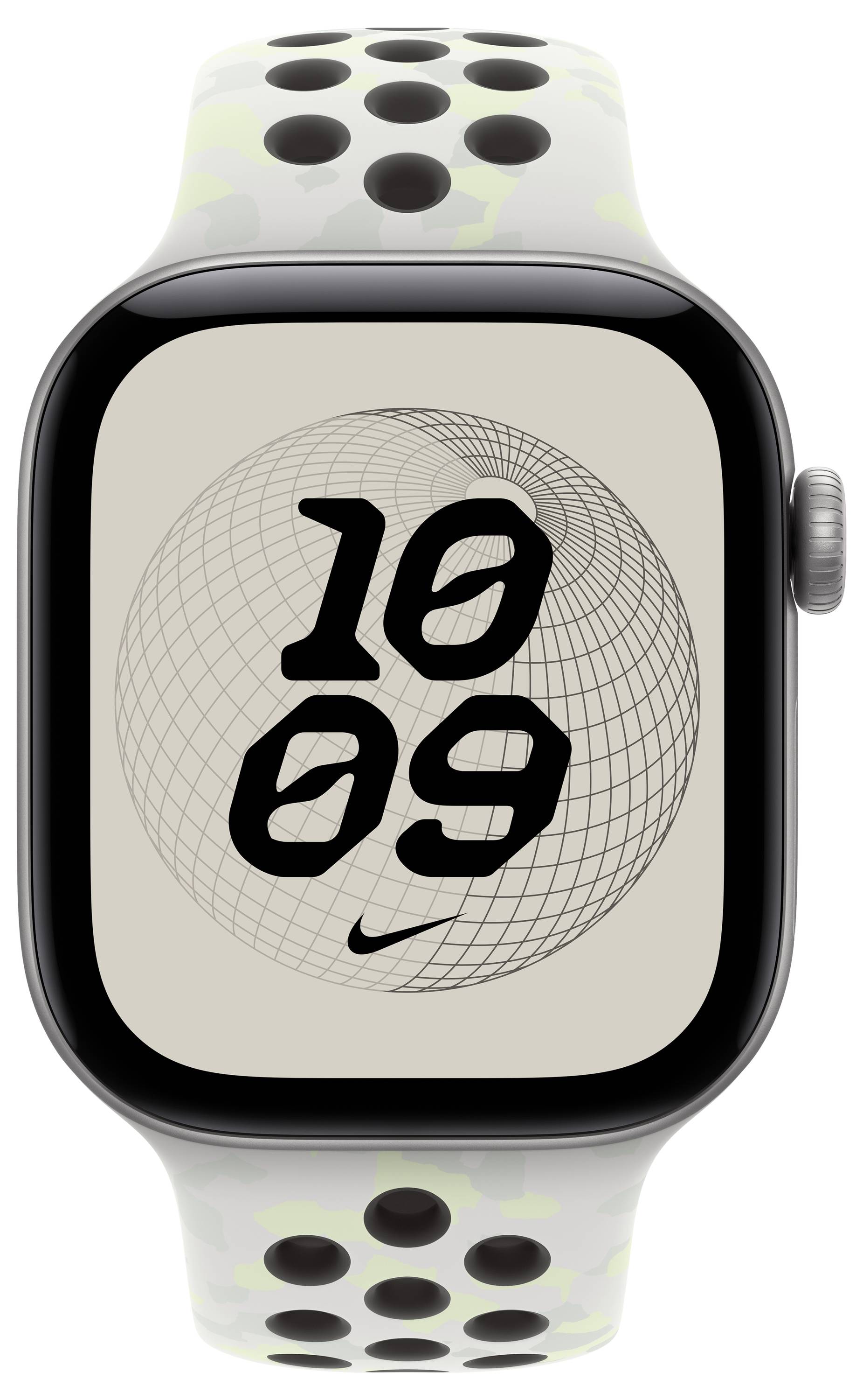 Apple Watch mit weißem perforiertem Armband, zeigt ein Zifferblatt mit großen schwarzen Zahlen '10 09' über einer Drahtkugel und kleinem Nike-Logo.