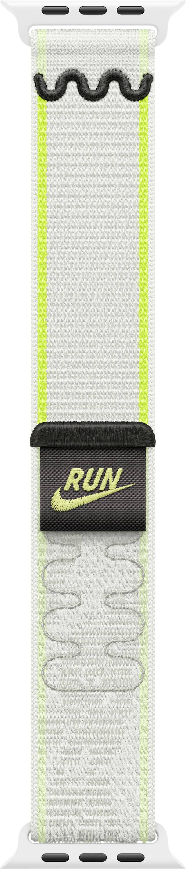 Weißes Apple Watch Sportarmband mit schwarzem "RUN"-Label und neongelben Akzenten, vertikal auf einfachem Hintergrund dargestellt.