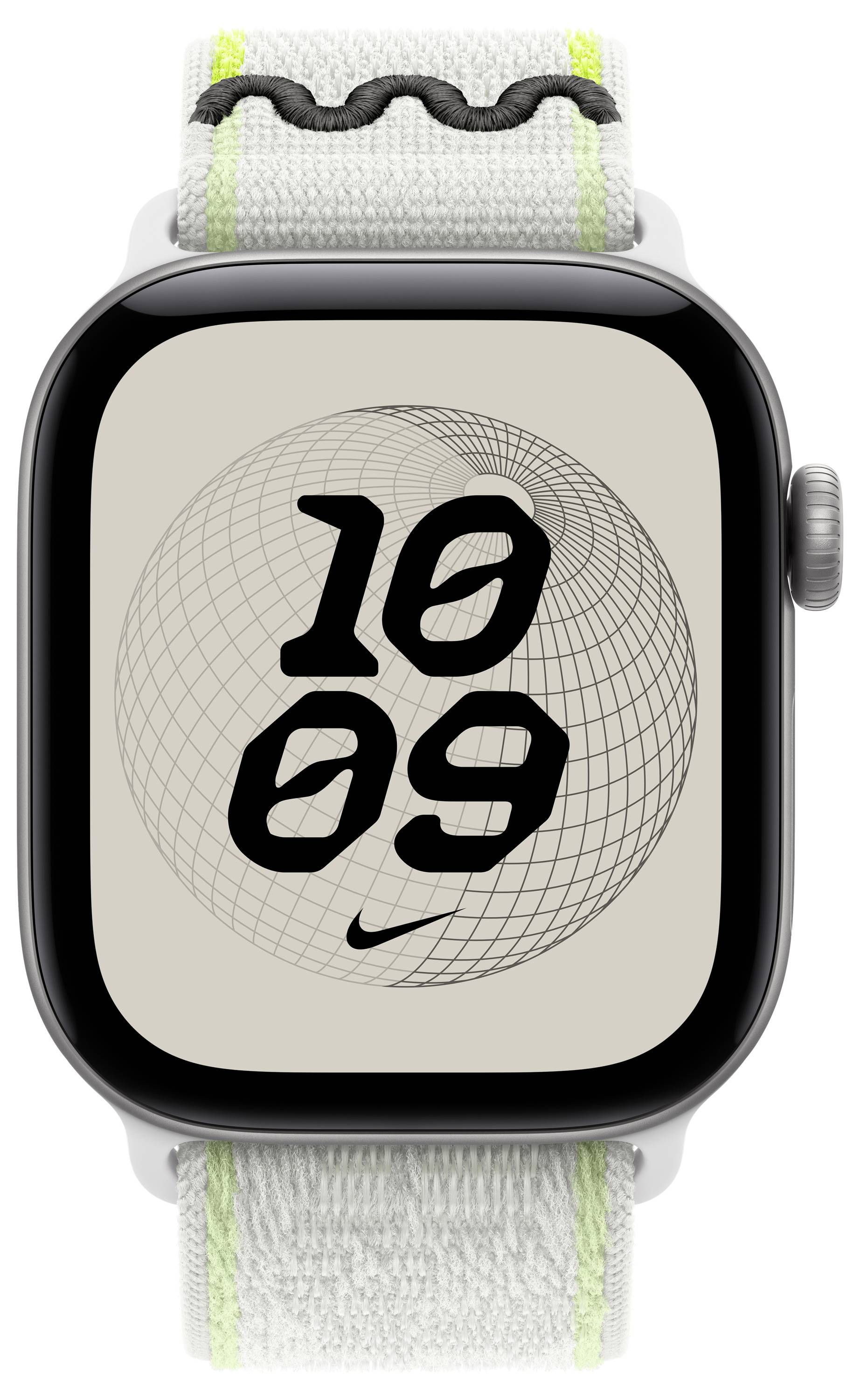 Apple Watch mit einem weißen Sportschleifenarmband aus Stoff, das ein beige Zifferblatt mit einer Drahtgitter-Kugel, fetten Ziffern „10 09" und einem kleinen Nike-Häkchen zeigt.