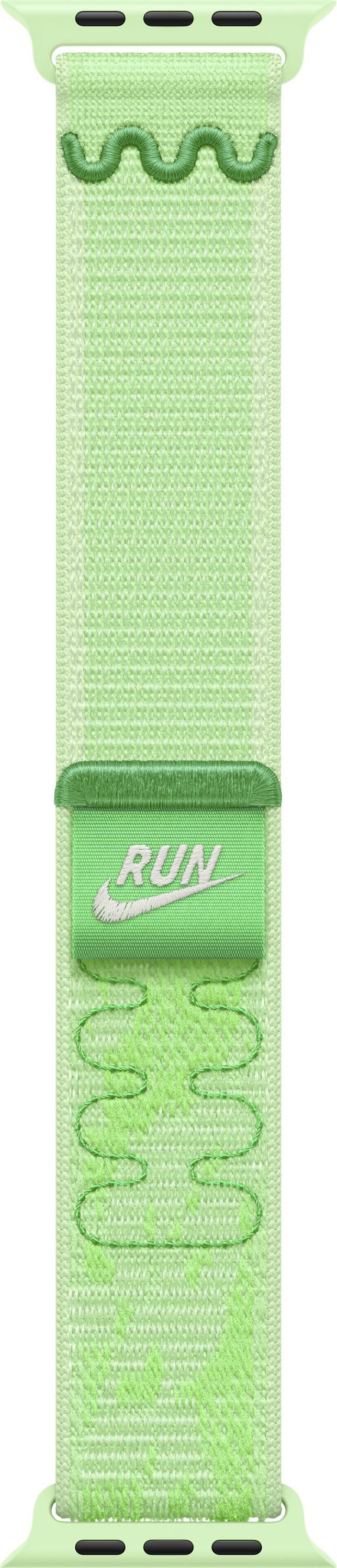 Grünes Nike Sportuhrenarmband mit RUN-Logo-Verschluss und perforiertem Armband, vertikal auf weißem Hintergrund dargestellt.