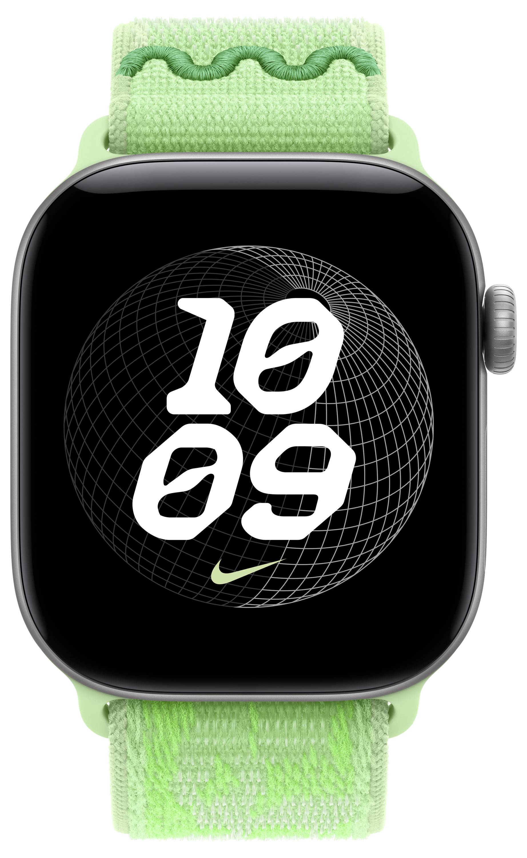 Apple Watch mit grünem gewebtem Armband, das ein schwarzes Zifferblatt mit großer weißer Zeitanzeige '10 09' und Nike-Logo zeigt.