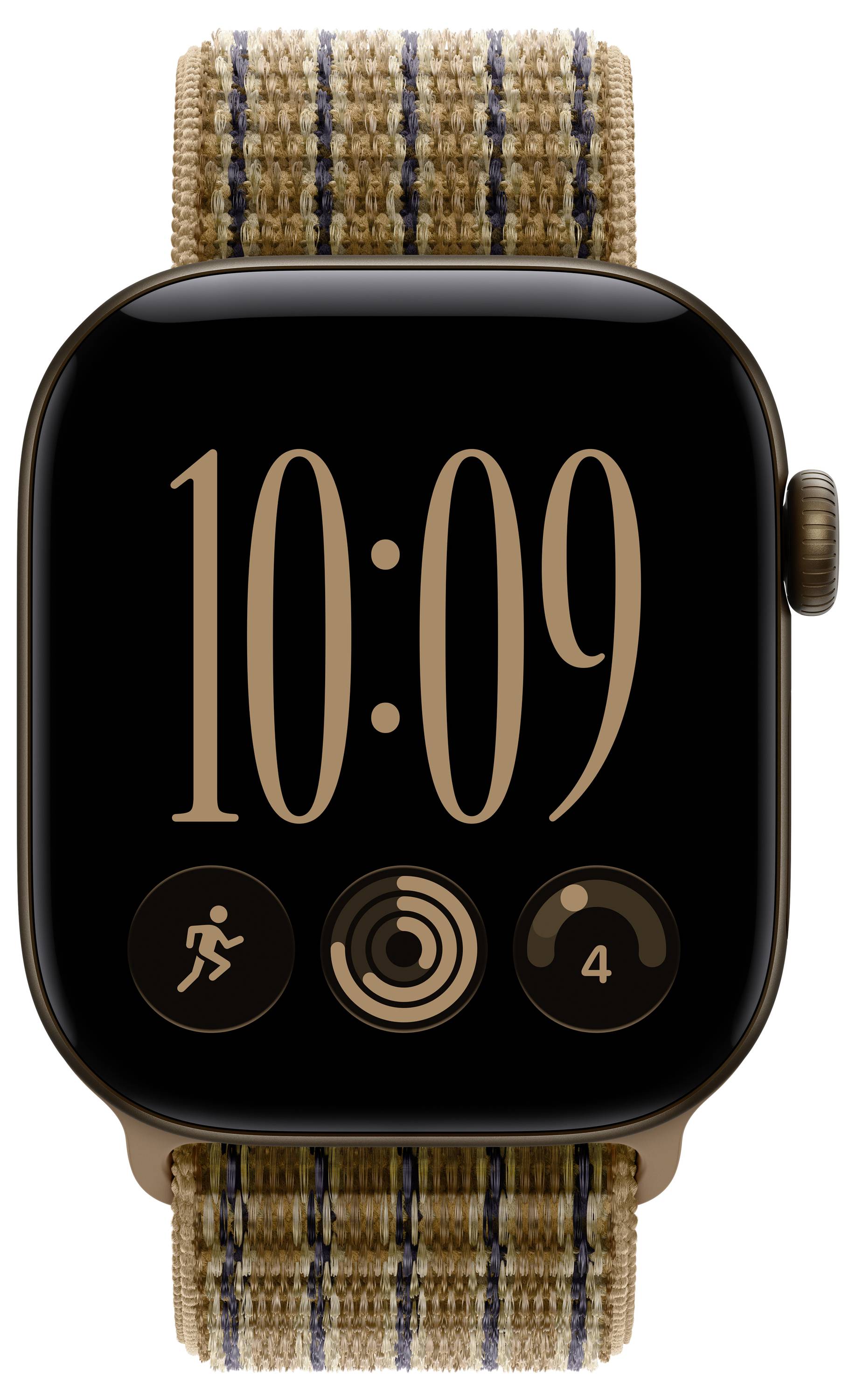 Apple Watch mit einem beigefarbenen Karomuster-Armband, das die Uhrzeit 10:09 anzeigt und drei kreisförmige Aktivitätssymbole unter dem Display.