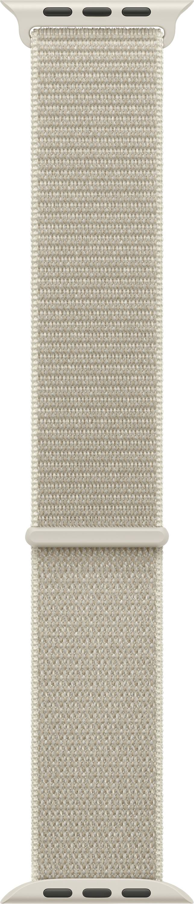Beigefarbenes gewebtes Uhrenarmband mit verstellbarer Schnalle und Schlaufenhalter, vertikal vor neutralem Hintergrund dargestellt.
