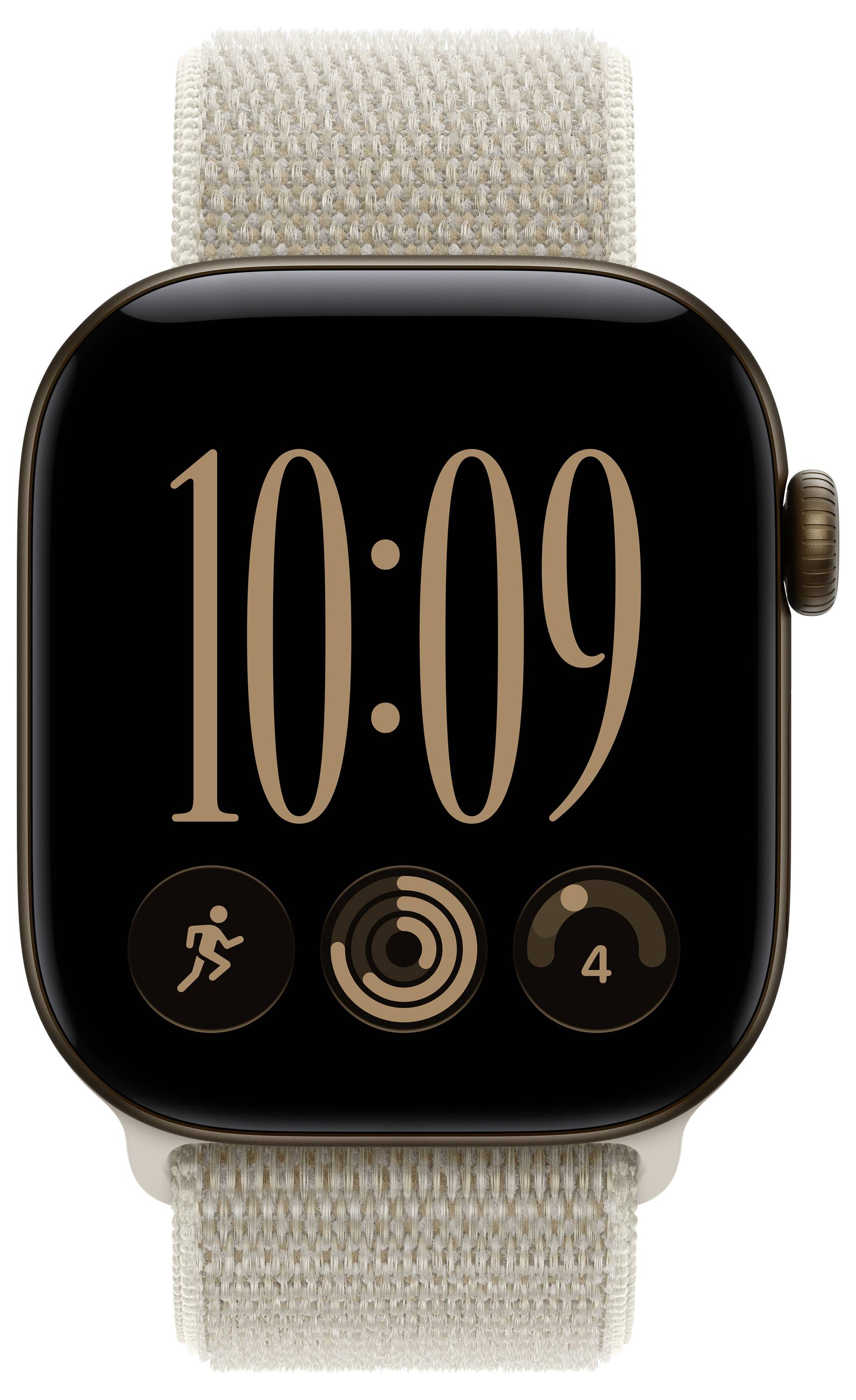 Apple Watch mit beigefarbenem Webarmband, das 10:09 anzeigt und drei Aktivitätssymbole auf einem schwarzen Bildschirm angezeigt werden.