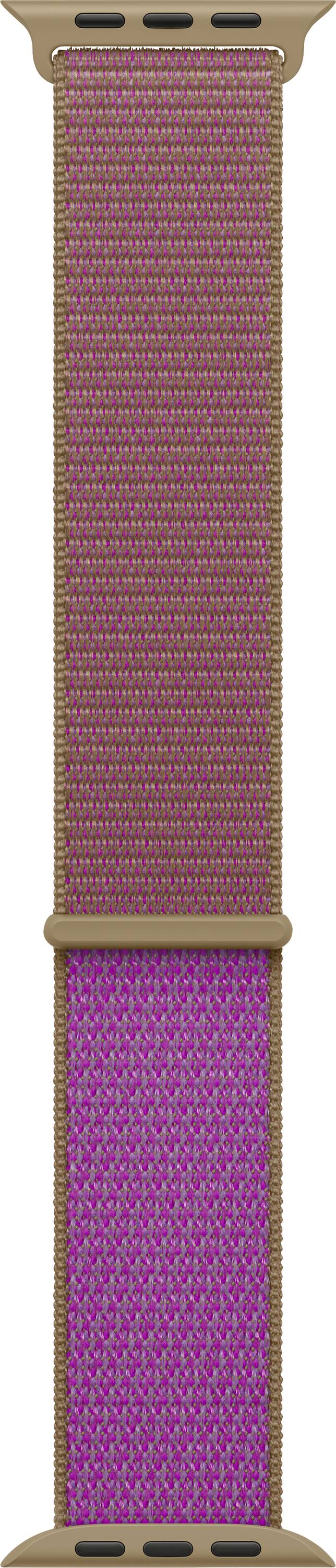 Nahaufnahme eines rosa gewebten Uhrenarmbands mit einem beige Verbinder oben und einem dunkelrosa Bereich in der unteren Hälfte.