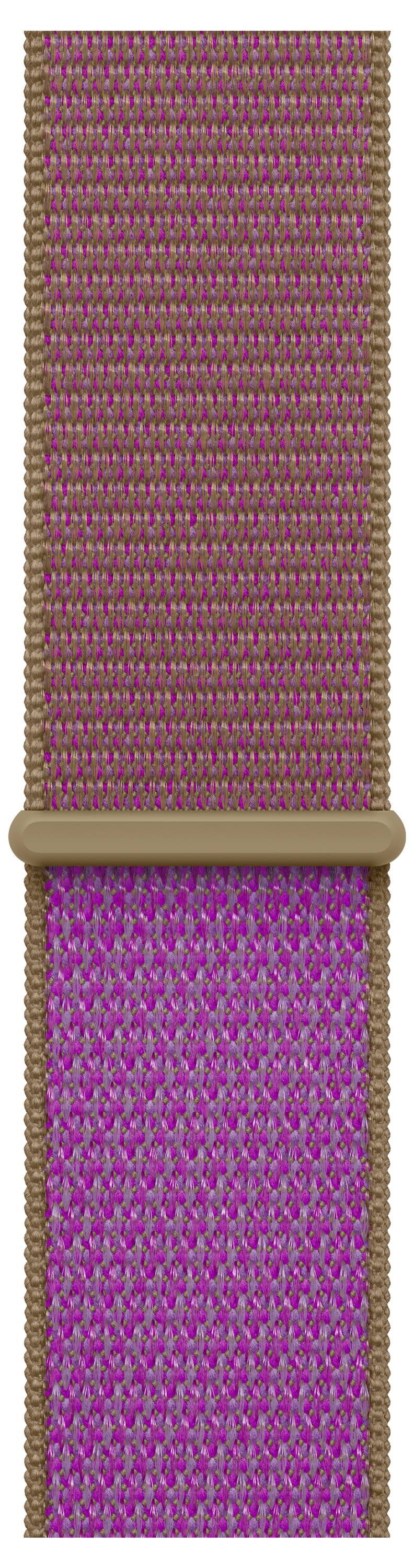 Nahaufnahme eines rosa und beigen gewebten Stoff-Riemens oder Gürtels mit einer metallisch aussehenden Schnalle in der Nähe der Mitte.