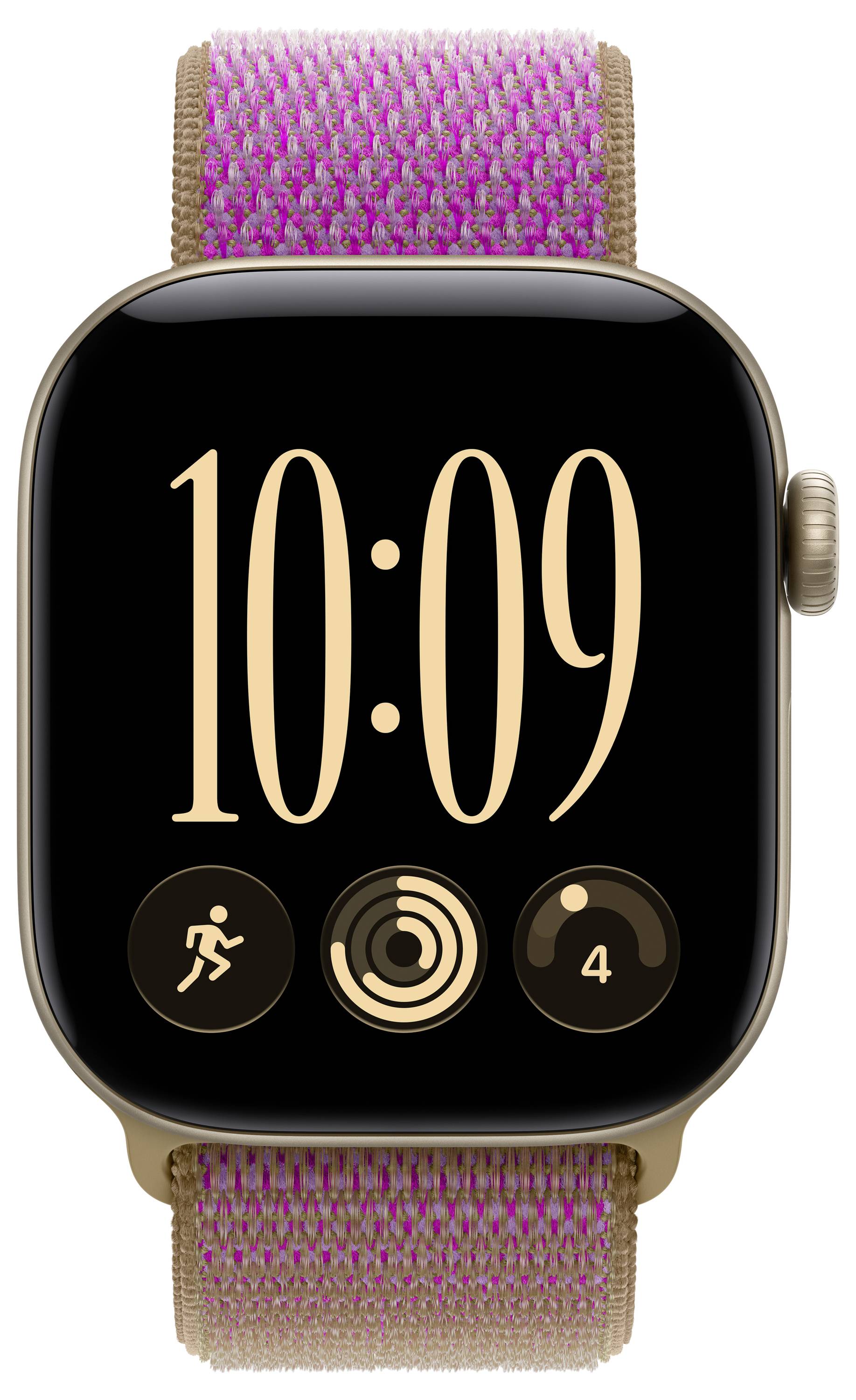 Gold Apple Watch mit rosa gewebtem Armband zeigt 10:09 Uhr an und drei Aktivitätssymbole am unteren Rand