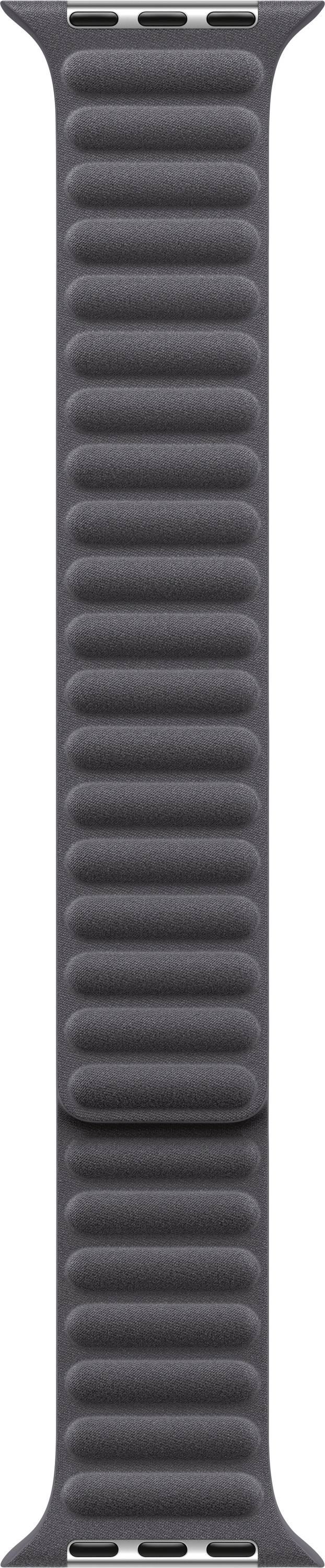 Dunkelgraues Apple Watch-ähnliches Armband mit strukturierter, gerippter Mitte und Befestigungssteckplätzen an beiden Enden.
