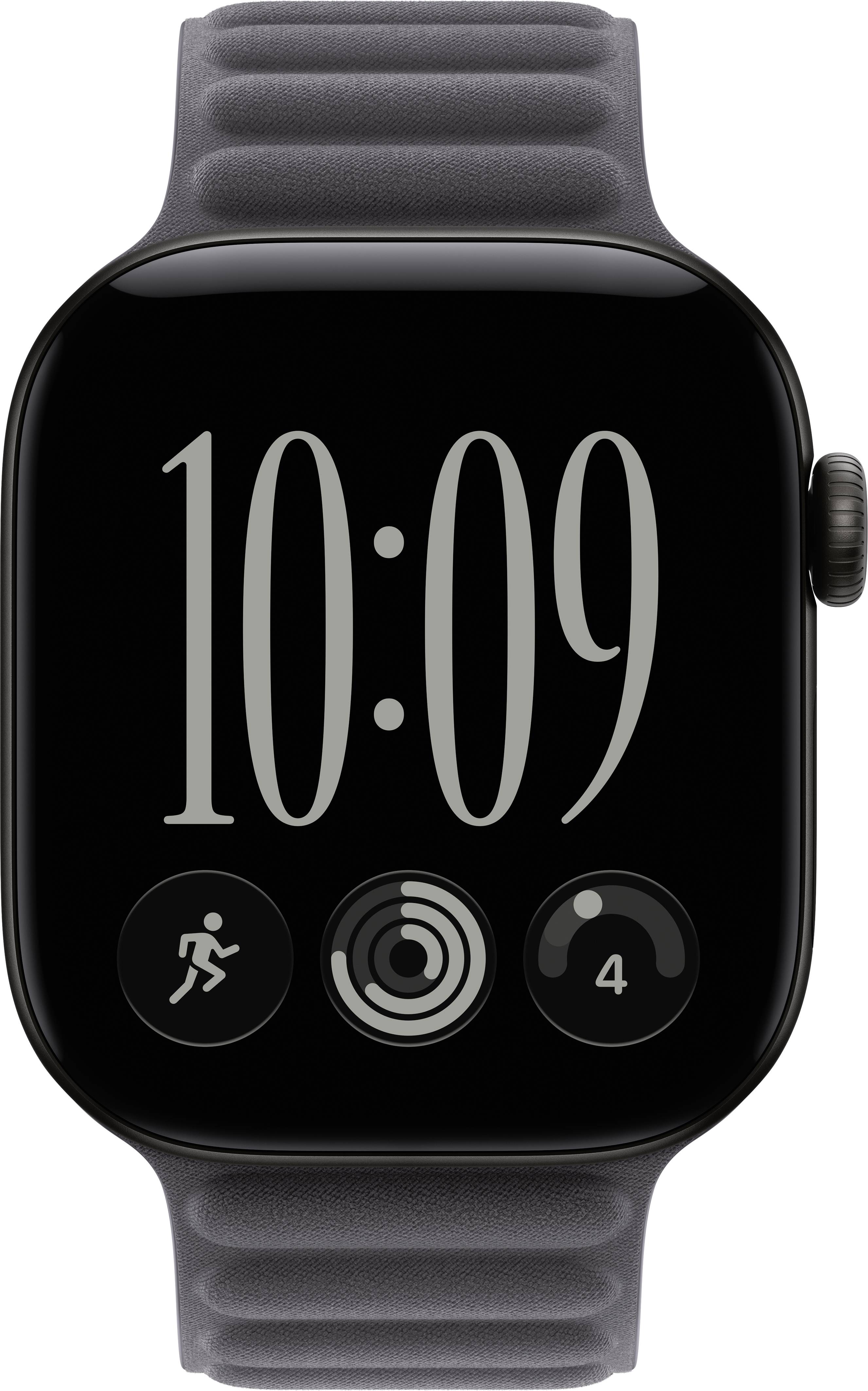 Apple Watch mit schwarzem Zifferblatt, das 10:09 anzeigt, und drei kreisförmigen Aktivitätssymbolen am unteren Rand, auf einem grauen Sportarmband.
