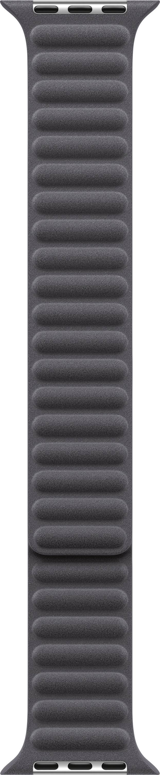 Schwarzes geripptes Uhrenarmband mit verstellbaren Löchern und Metallverbindern, vertikal auf weißem Hintergrund dargestellt.