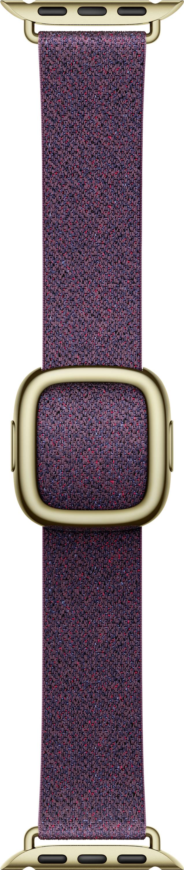 Goldfarbene Uhrschließe mit langem violettem gewebtem Armband auf weißem Hintergrund