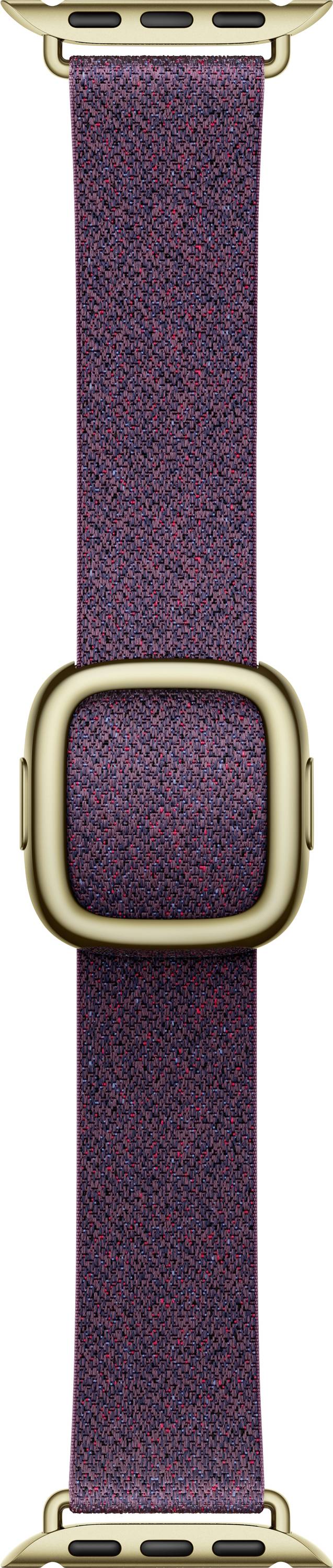 Nahaufnahme eines lila gemusterten Stoff-Uhrenarmband mit goldfarbenem Verschluss und rechteckiger Schließe.