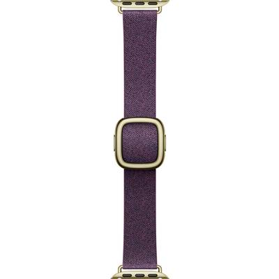 Nahaufnahme eines lila gemusterten Stoff-Uhrenarmband mit goldfarbenem Verschluss und rechteckiger Schließe.