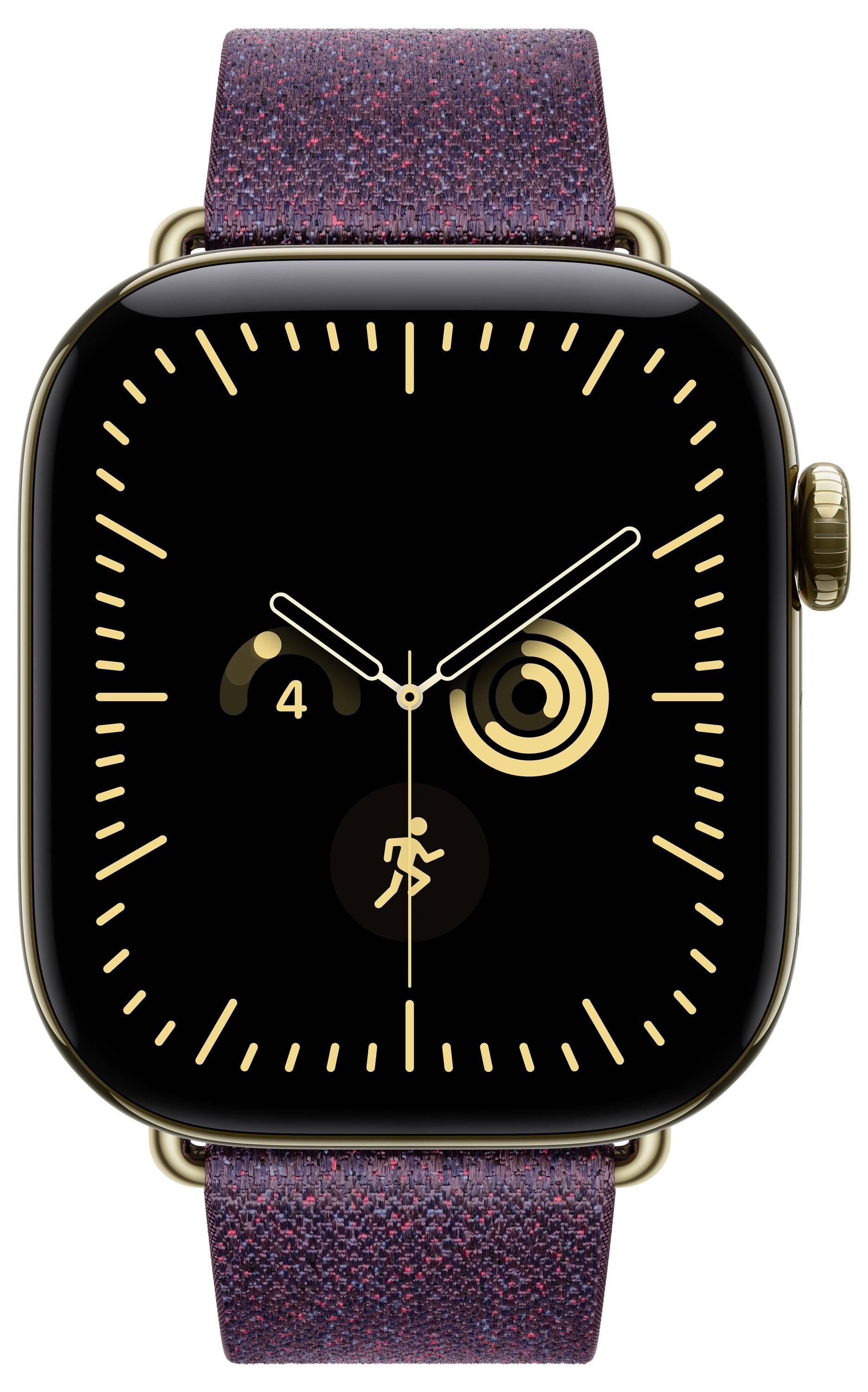 Schwarze Apple Watch mit vergoldetem Quadratgehäuse und violettem gewebtem Armband, zeigt ein analog gestaltetes Zifferblatt mit goldfarbenen Zeigern und Aktivitätsringen.