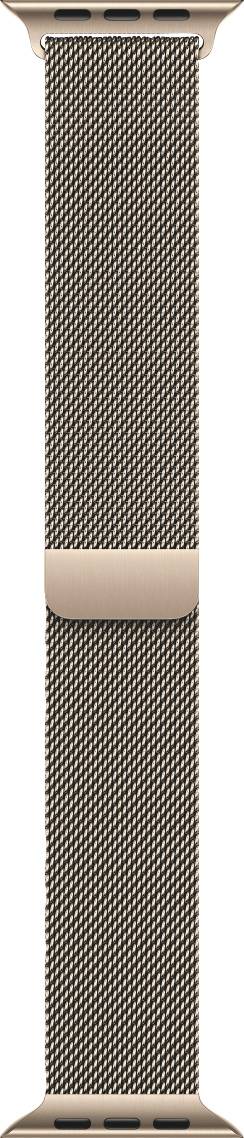 Beigefarbenes gewebtes Uhrenarmband mit goldenem Schließen-Stil-Verschluss, vertikal auf weißem Hintergrund dargestellt.