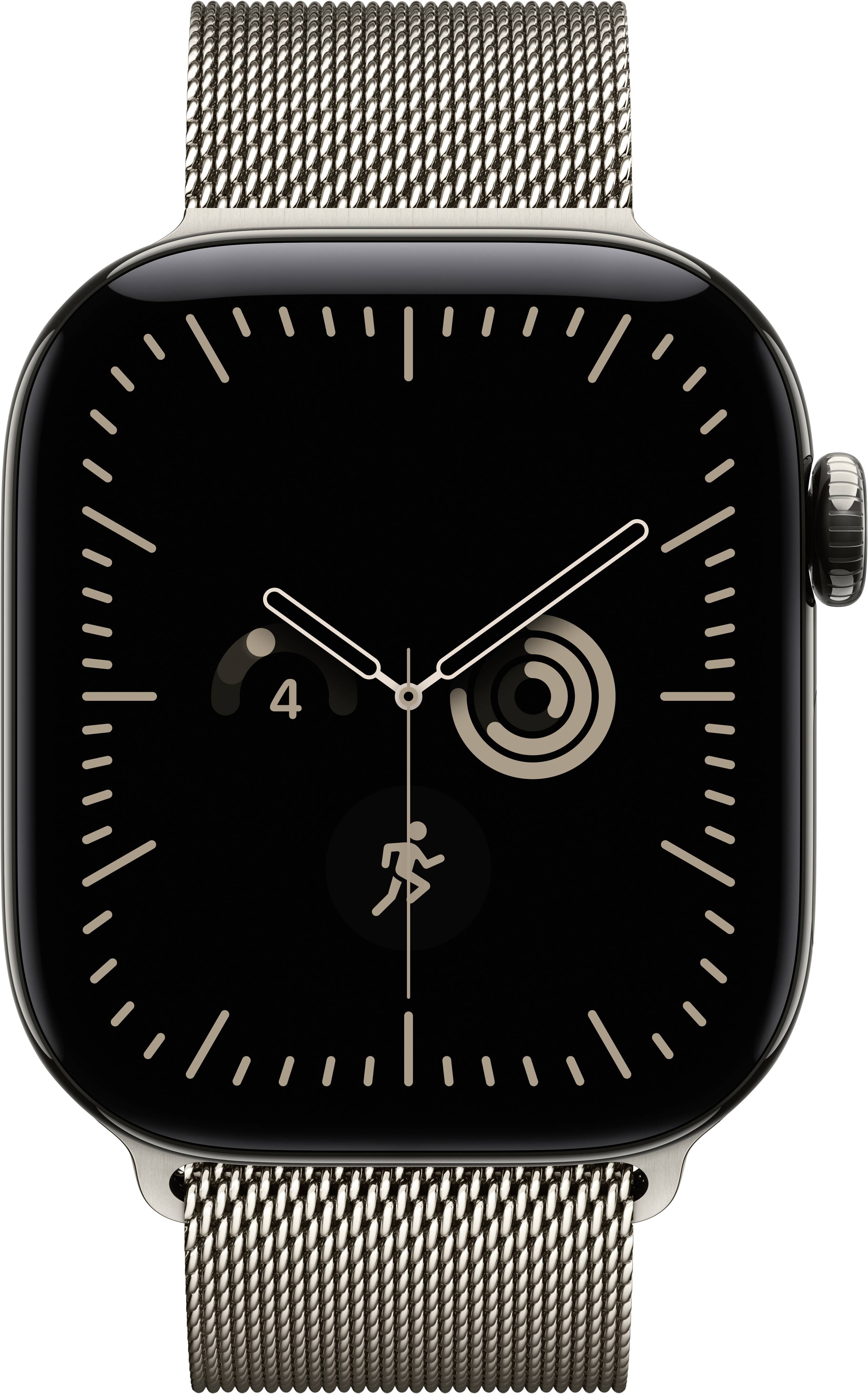 Schwarze Apple Watch mit schwarzem Zifferblatt, silbernem Netzarmband und analoger Anzeige mit Aktivitätsringen und Trainings-Symbol.
