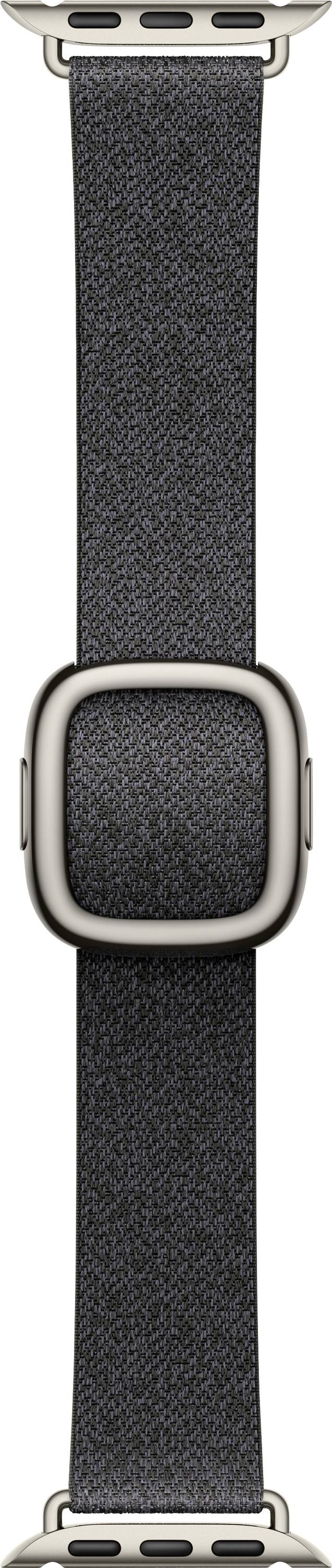 Schwarzes strukturiertes Uhrenarmband mit silbernen Metallverbindern und einer quadratischen Schnalle