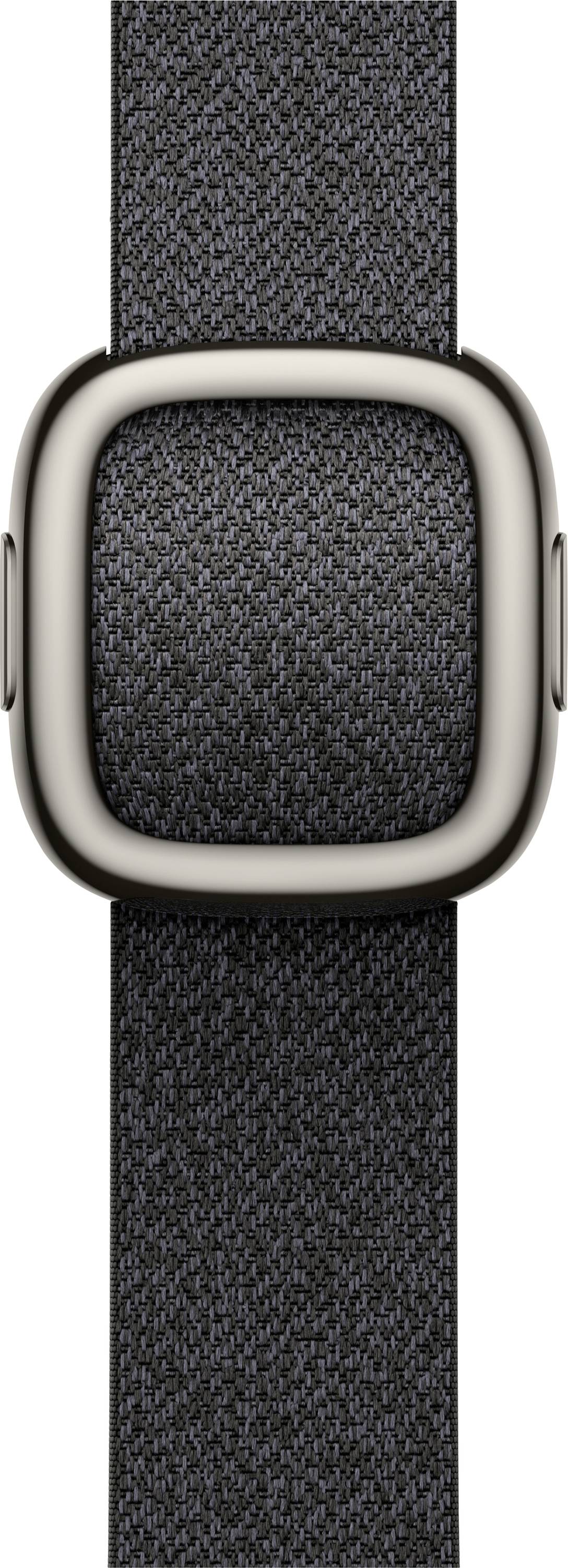 Nahaufnahme eines Smartwatch-Armbands mit einem dunkel gewebten Riemen und einer zentrierten quadratischen Metallschnalle mit abgerundeten Ecken auf weißem Hintergrund.