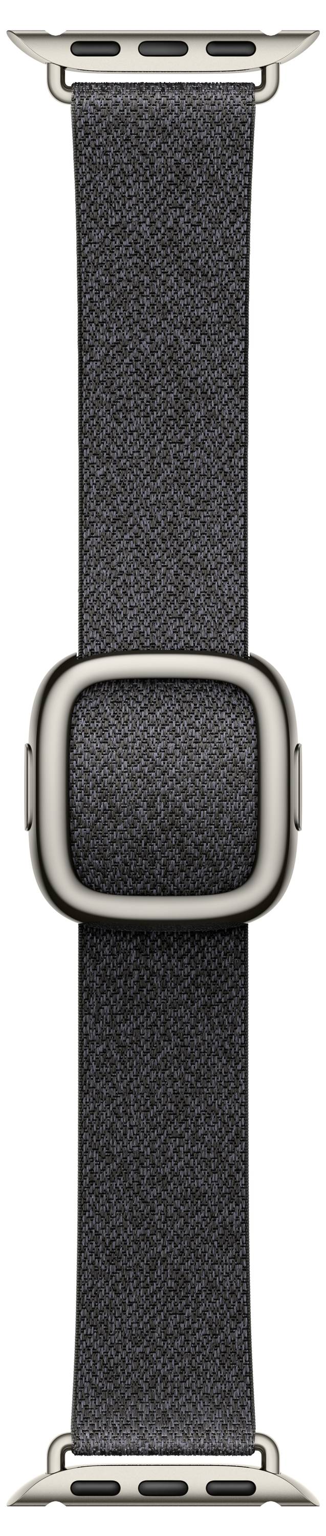 Nahaufnahme eines dunkel gewebten Smartwatch-Armbands mit einer silbernen rechteckigen Schnalle und passendem Verbindungszubehör.