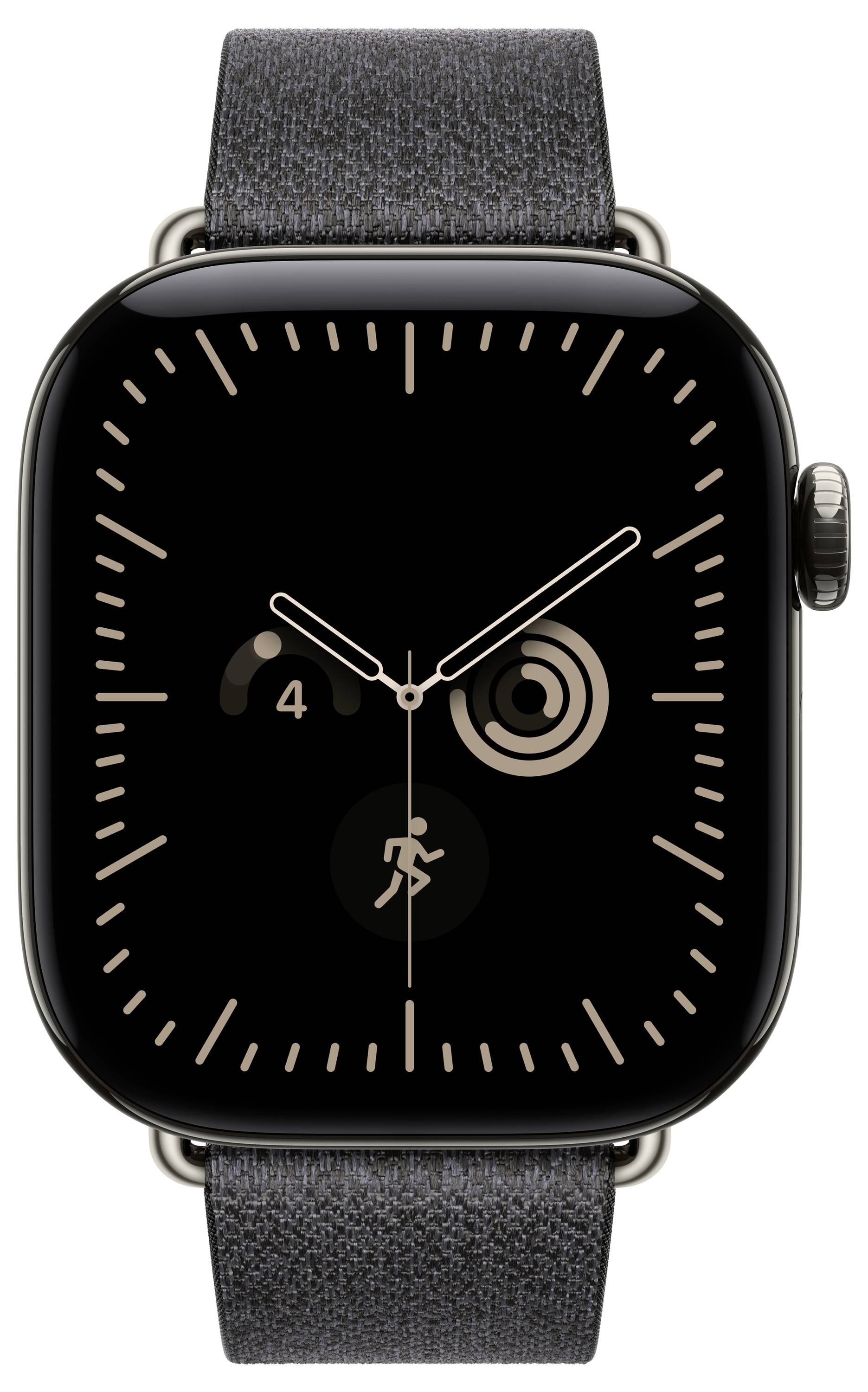 Schwarze Apple Watch mit grauem Armband, das ein analoges Zifferblatt, Chronographringe und ein Trainings-Symbol auf dunklem Hintergrund zeigt.